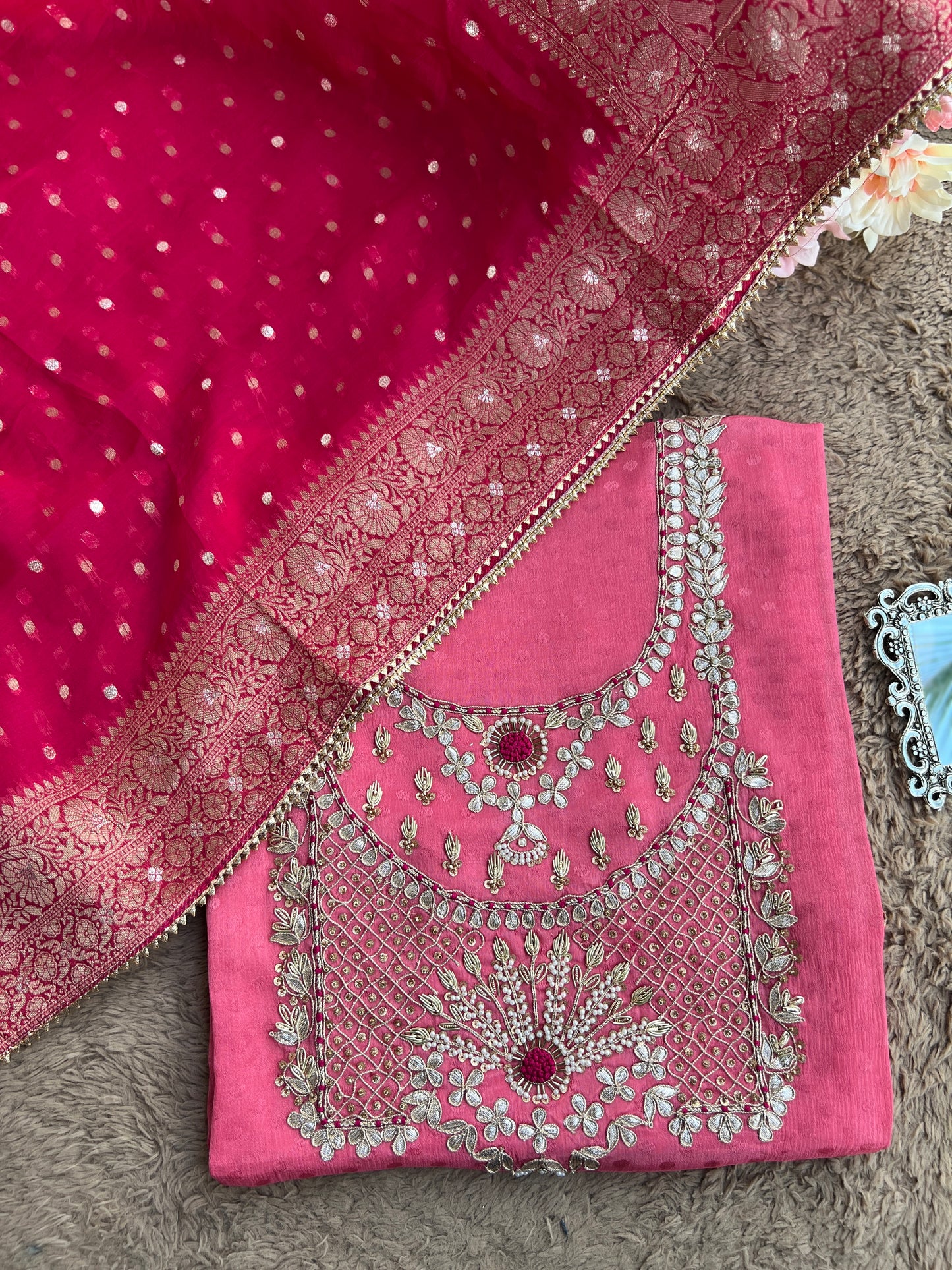 Handcrafted Neck Design with Luxurious Banarasi Boota Dupatta
