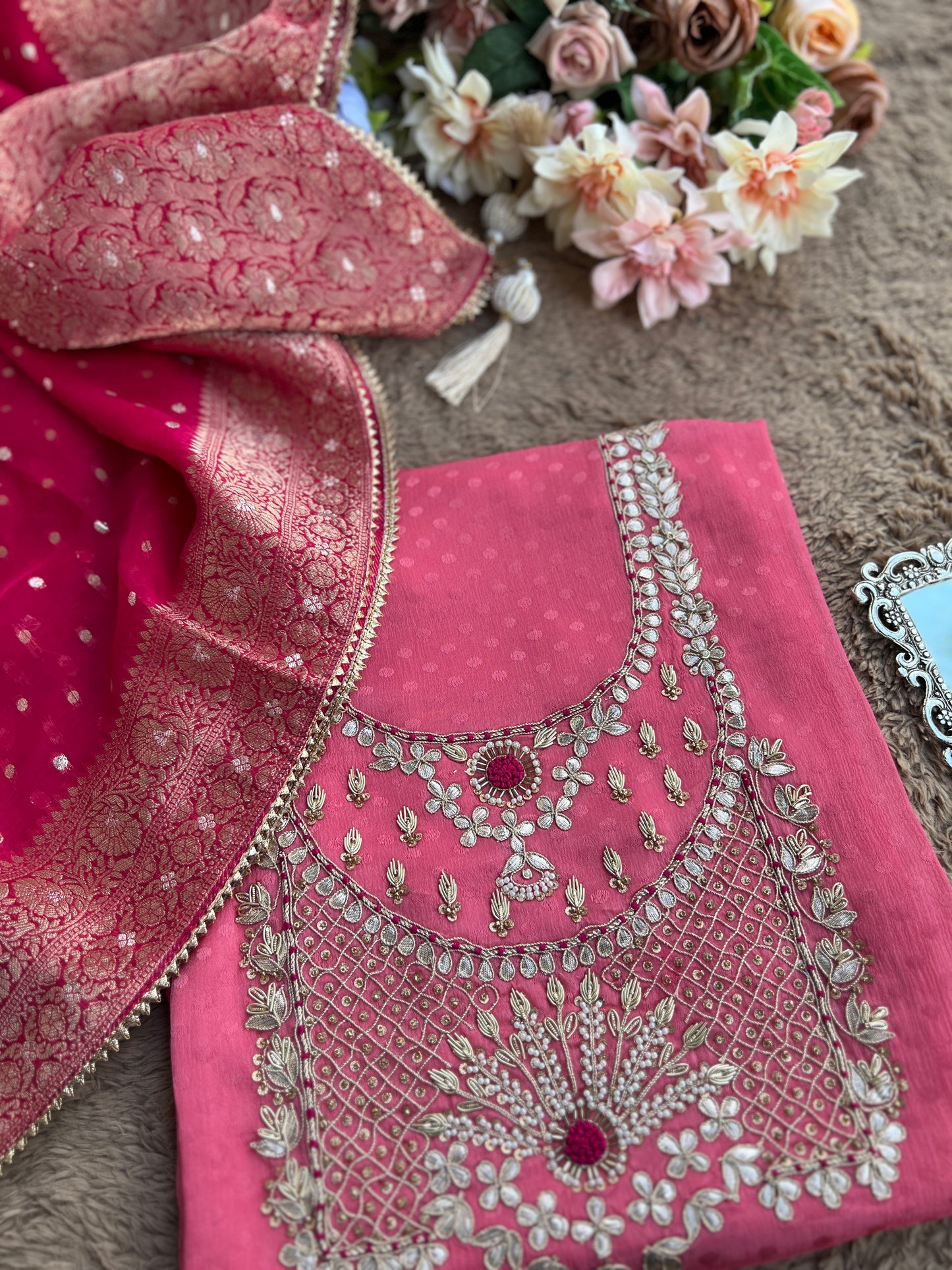 Handcrafted Neck Design with Luxurious Banarasi Boota Dupatta
