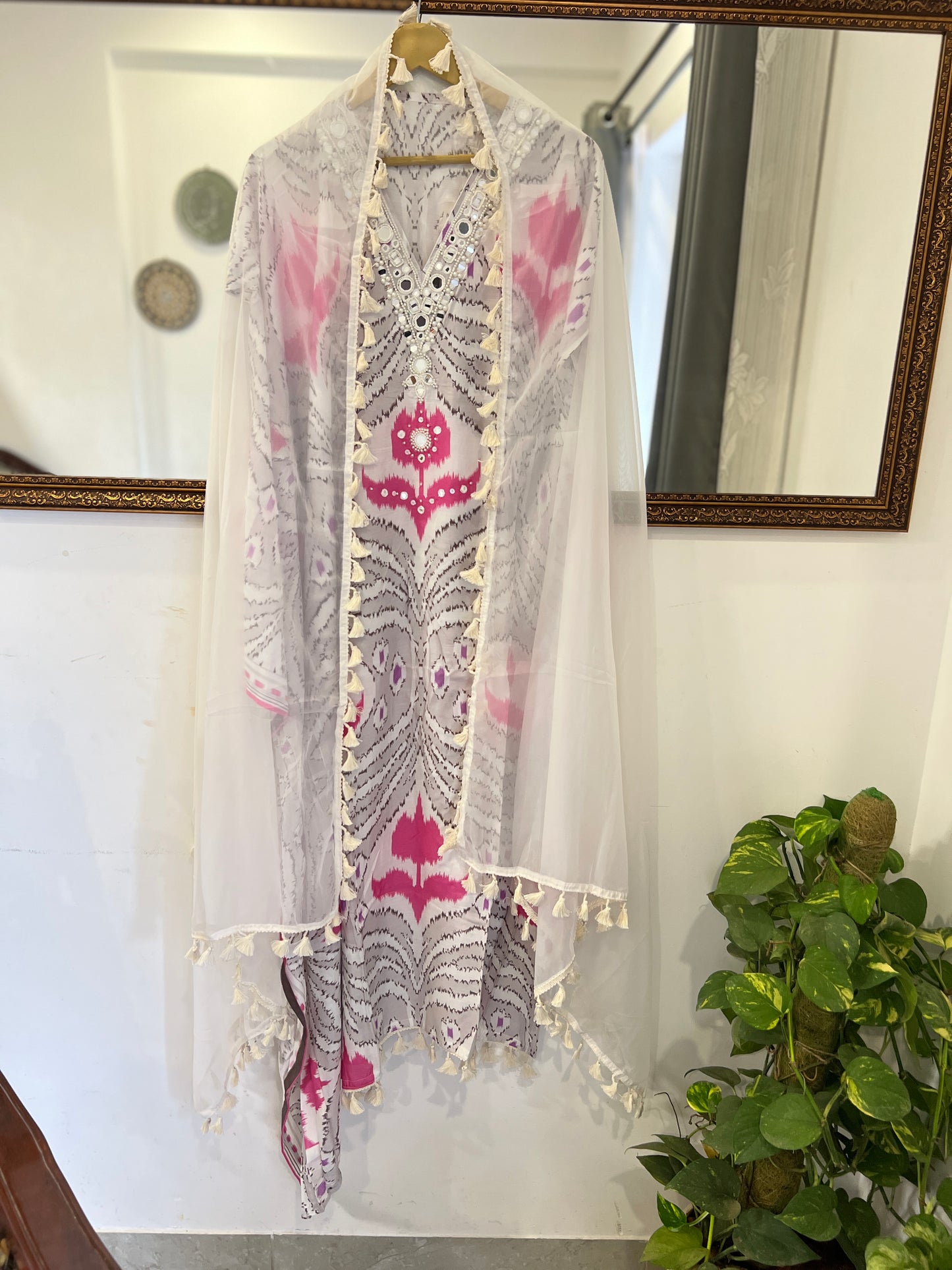 Pink Ikat Maslin Suit Set