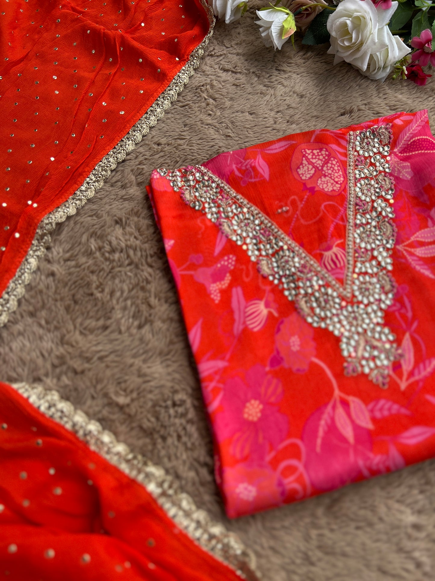 Vibrant Coral Pure Chinnon Handwork Suit with Mukesh Work