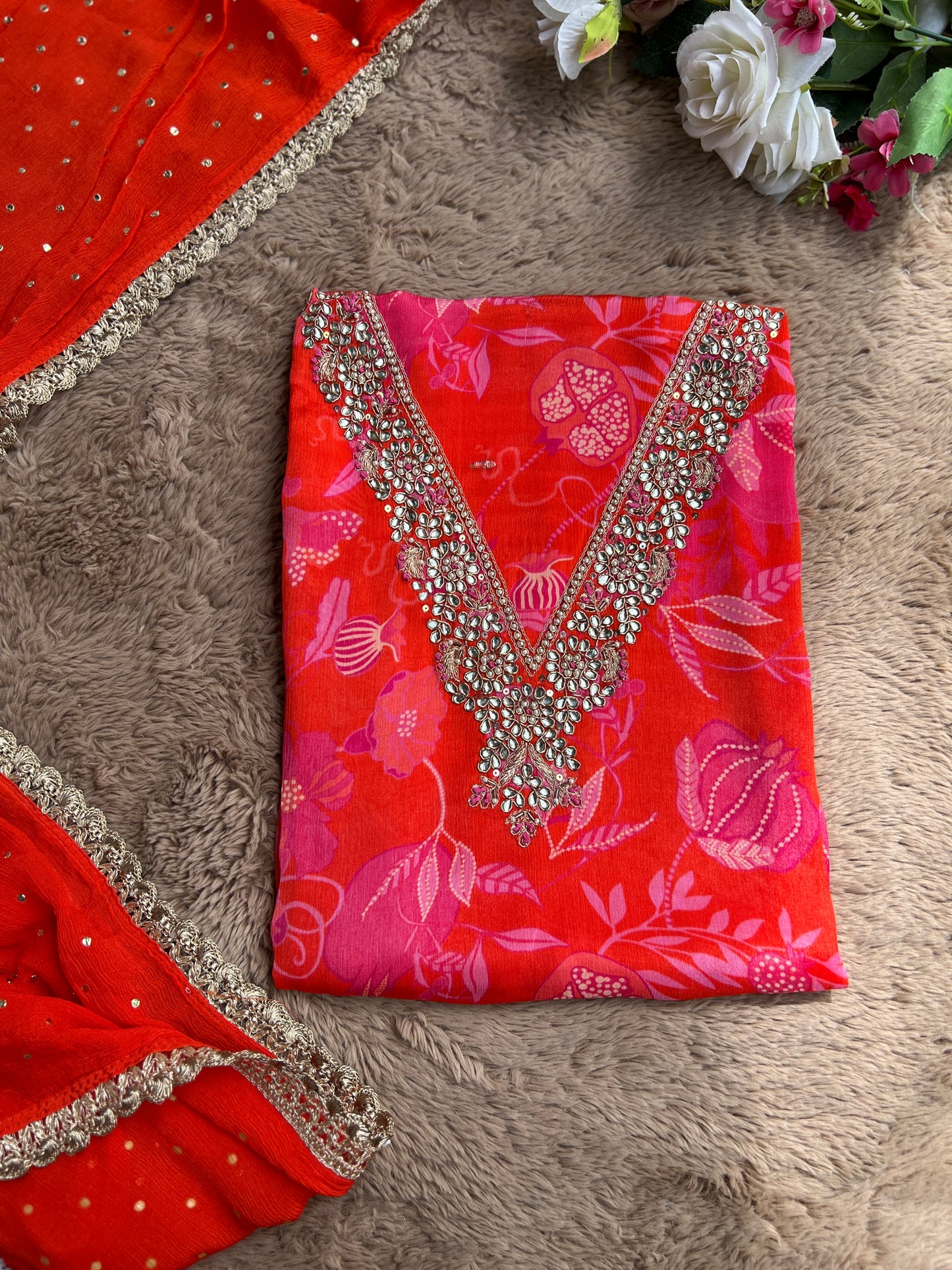 Vibrant Coral Pure Chinnon Handwork Suit with Mukesh Work