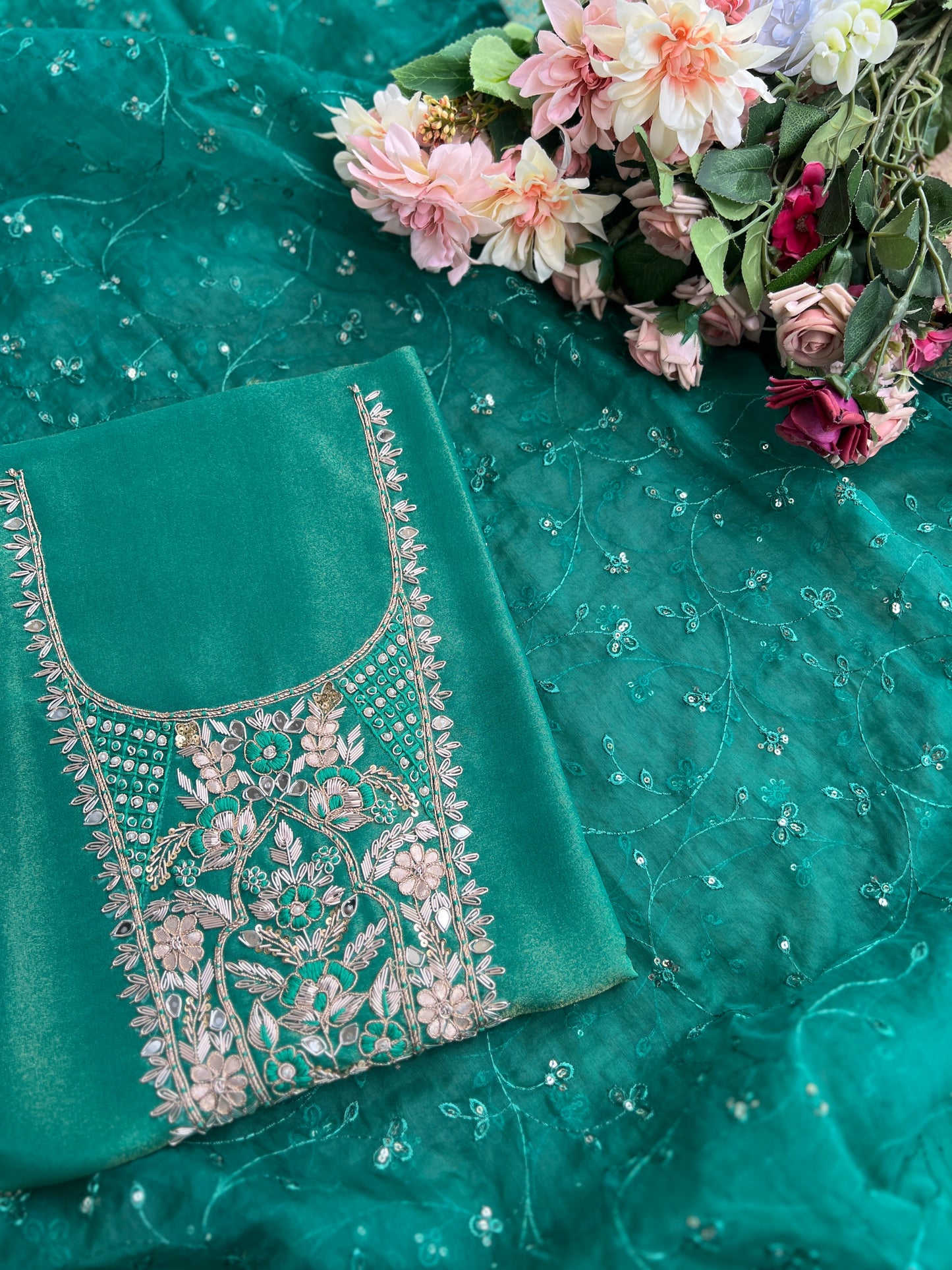 Royal Shimmer Silk Suit with Exquisite Zardozi & Gota Handwork