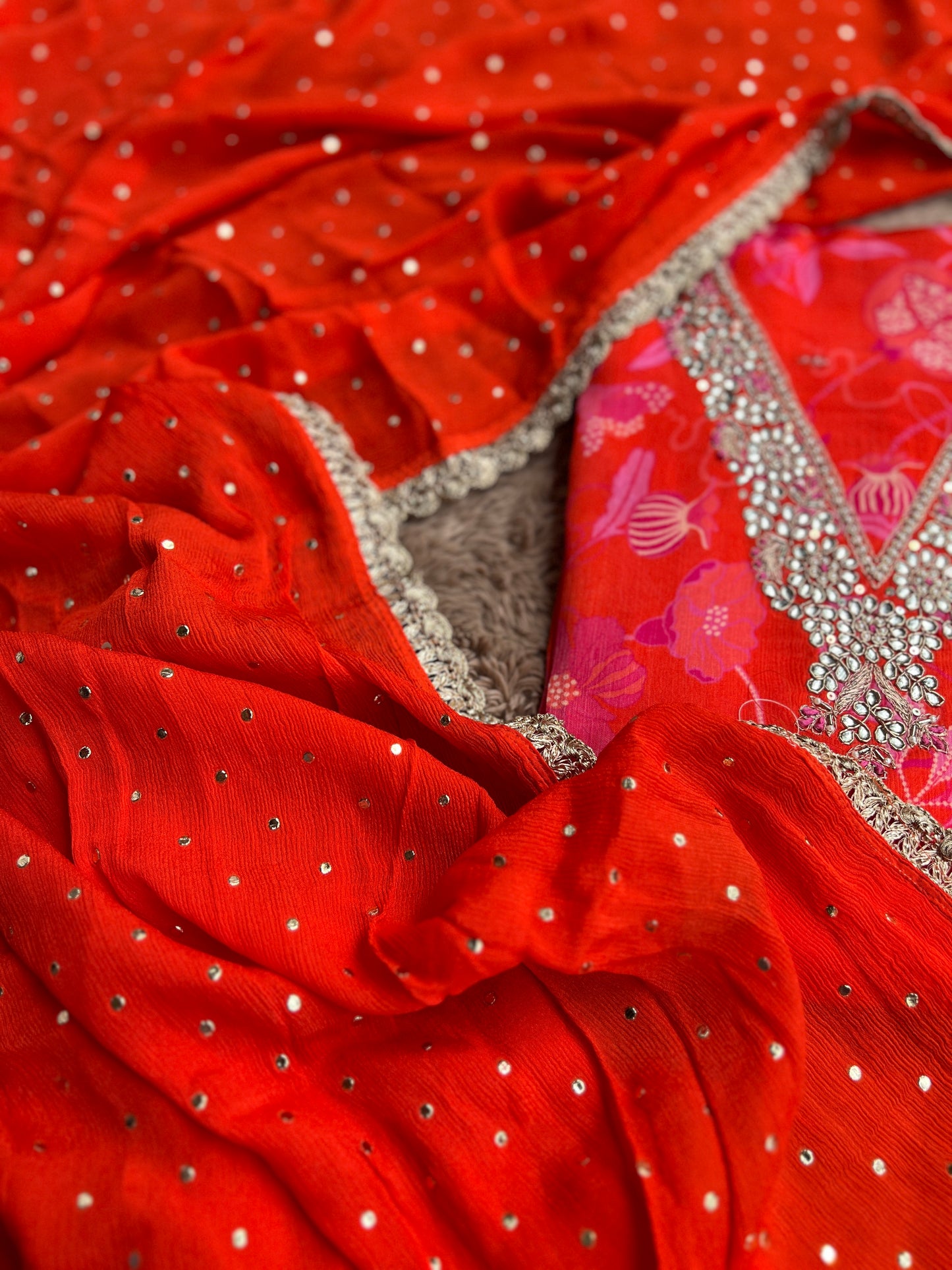Vibrant Coral Pure Chinnon Handwork Suit with Mukesh Work