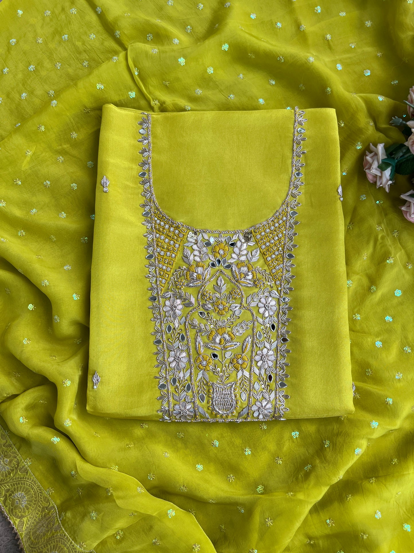 Royal Shimmer Silk Suit with Exquisite Zardozi & Gota Handwork