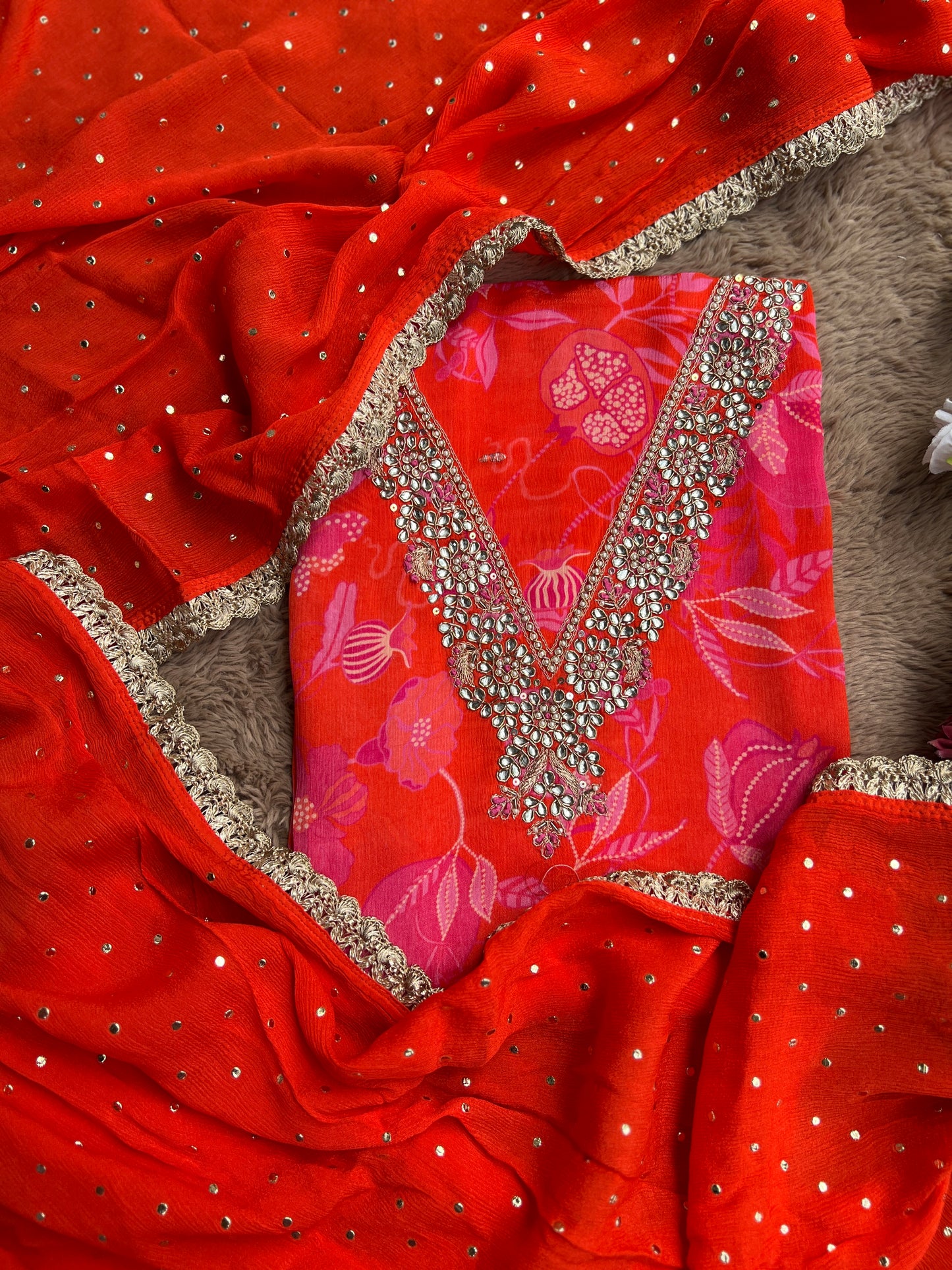 Vibrant Coral Pure Chinnon Handwork Suit with Mukesh Work