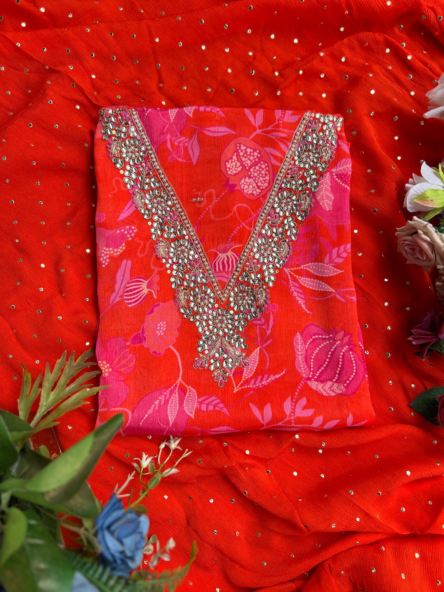 Vibrant Coral Pure Chinnon Handwork Suit with Mukesh Work