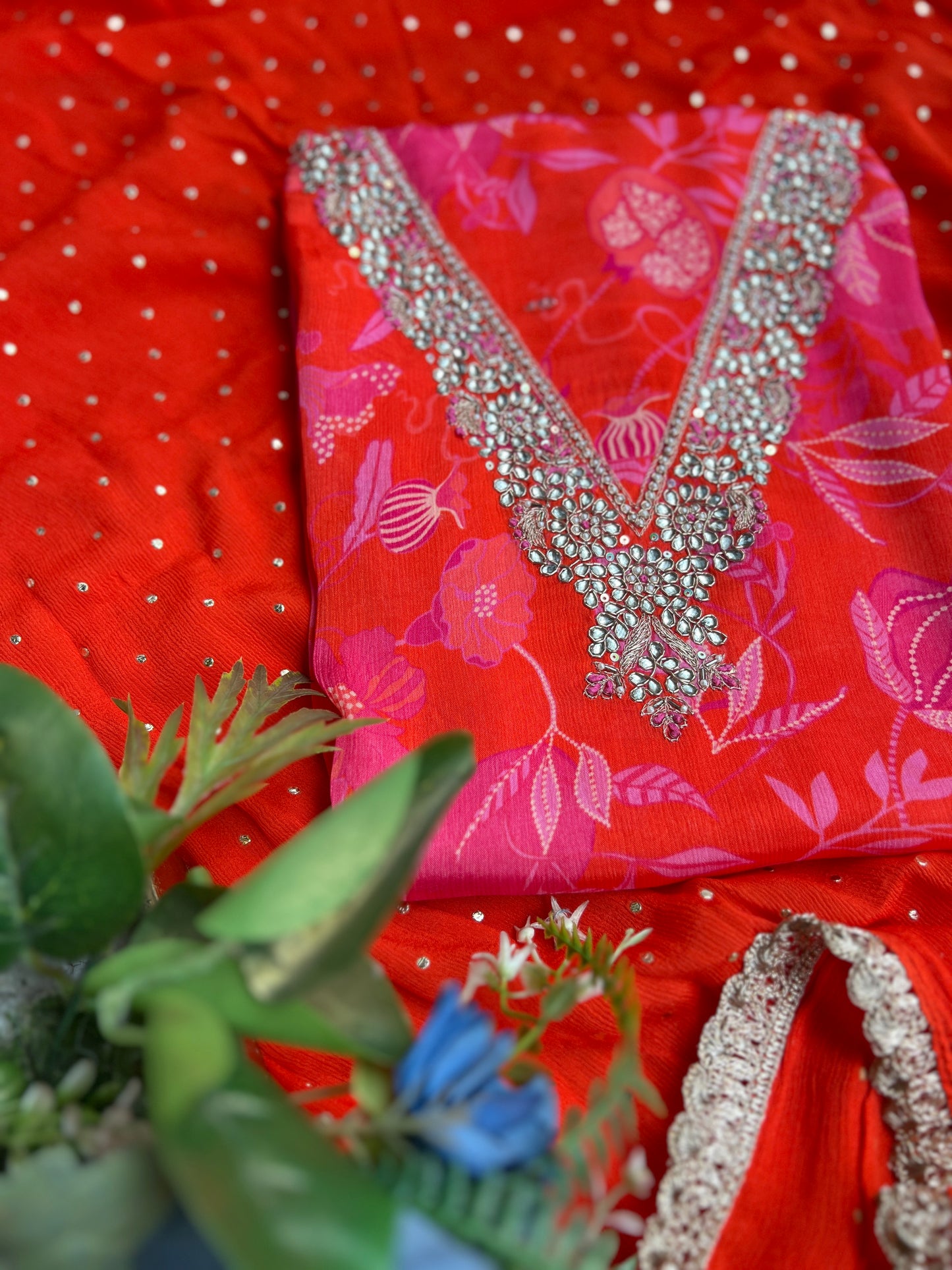 Vibrant Coral Pure Chinnon Handwork Suit with Mukesh Work
