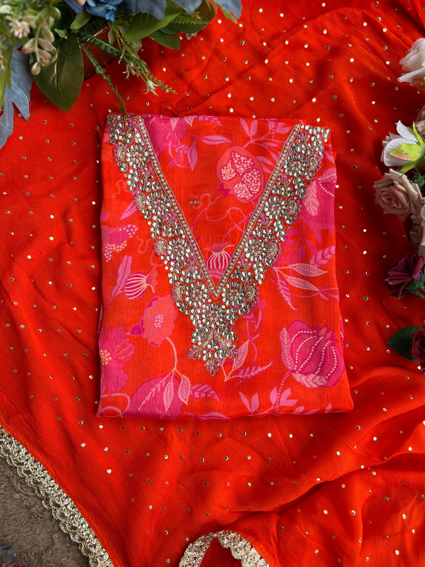 Vibrant Coral Pure Chinnon Handwork Suit with Mukesh Work