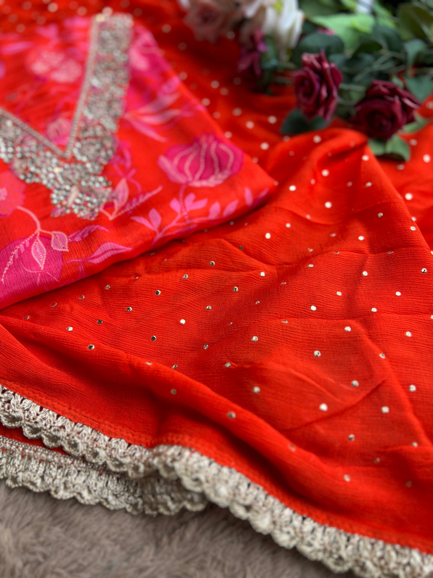 Vibrant Coral Pure Chinnon Handwork Suit with Mukesh Work