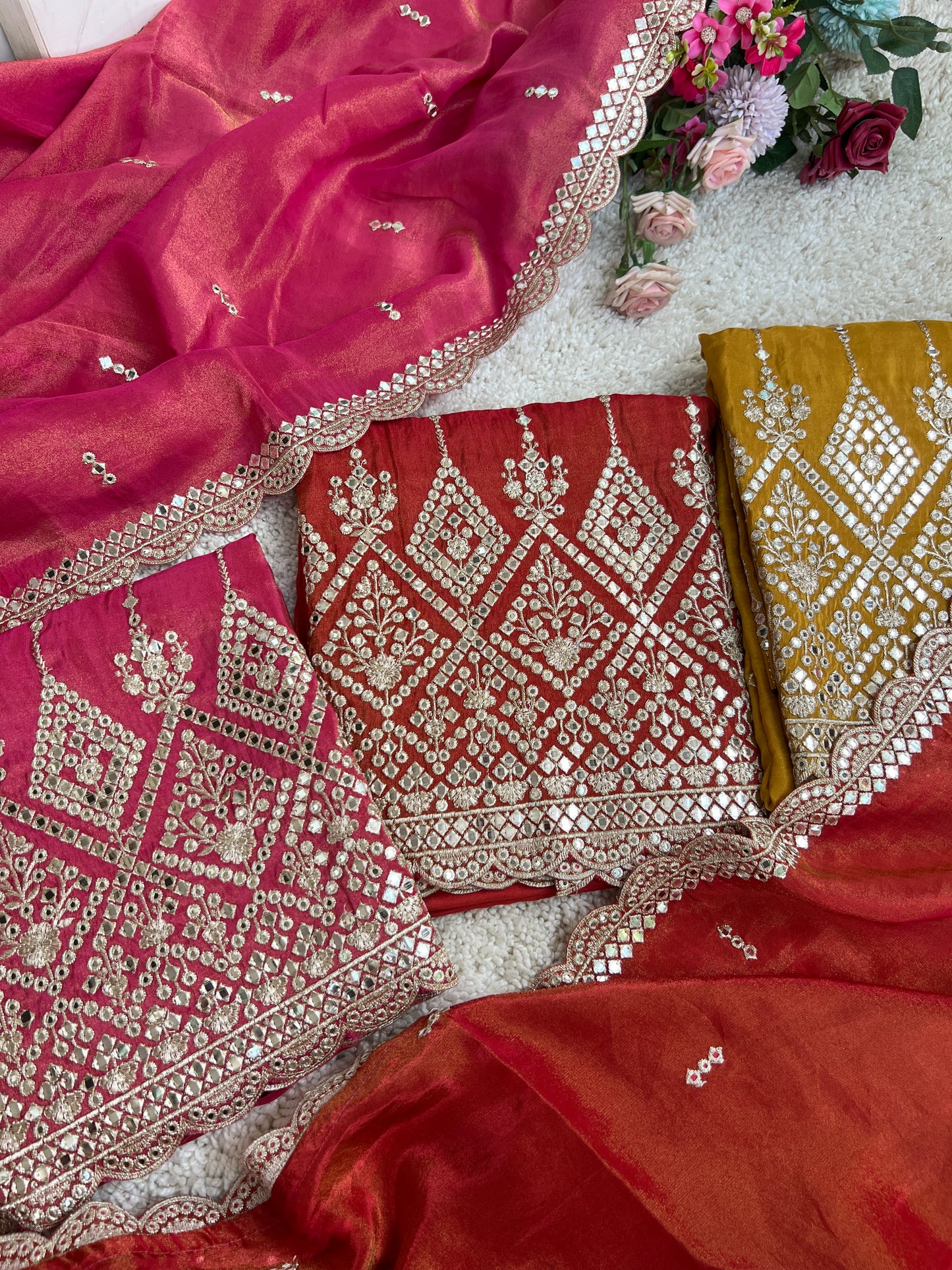 Elegant Mirror Embroidered Silk Ensembles