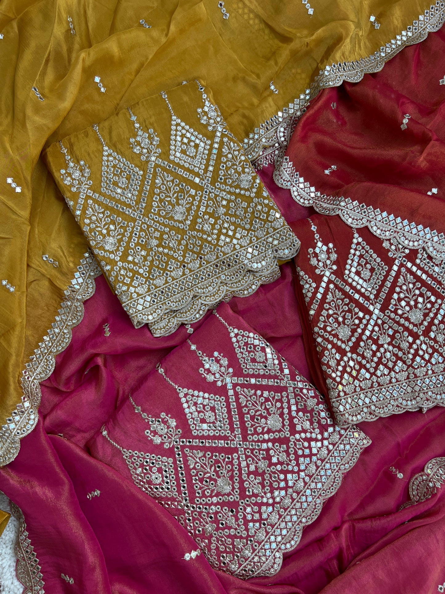 Elegant Mirror Embroidered Silk Ensembles