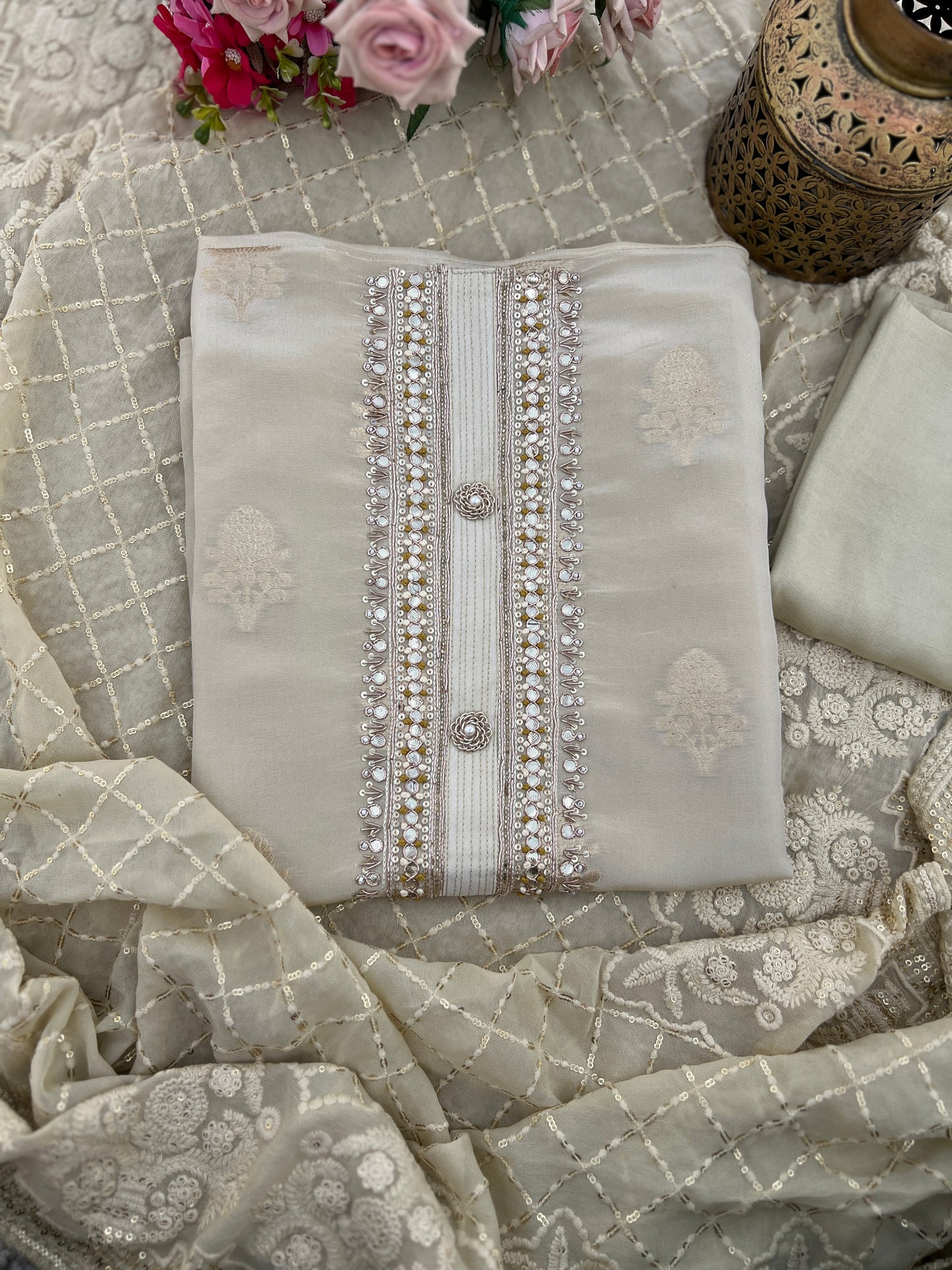 Ivory Silk Handwork With Chikankari Dupatta