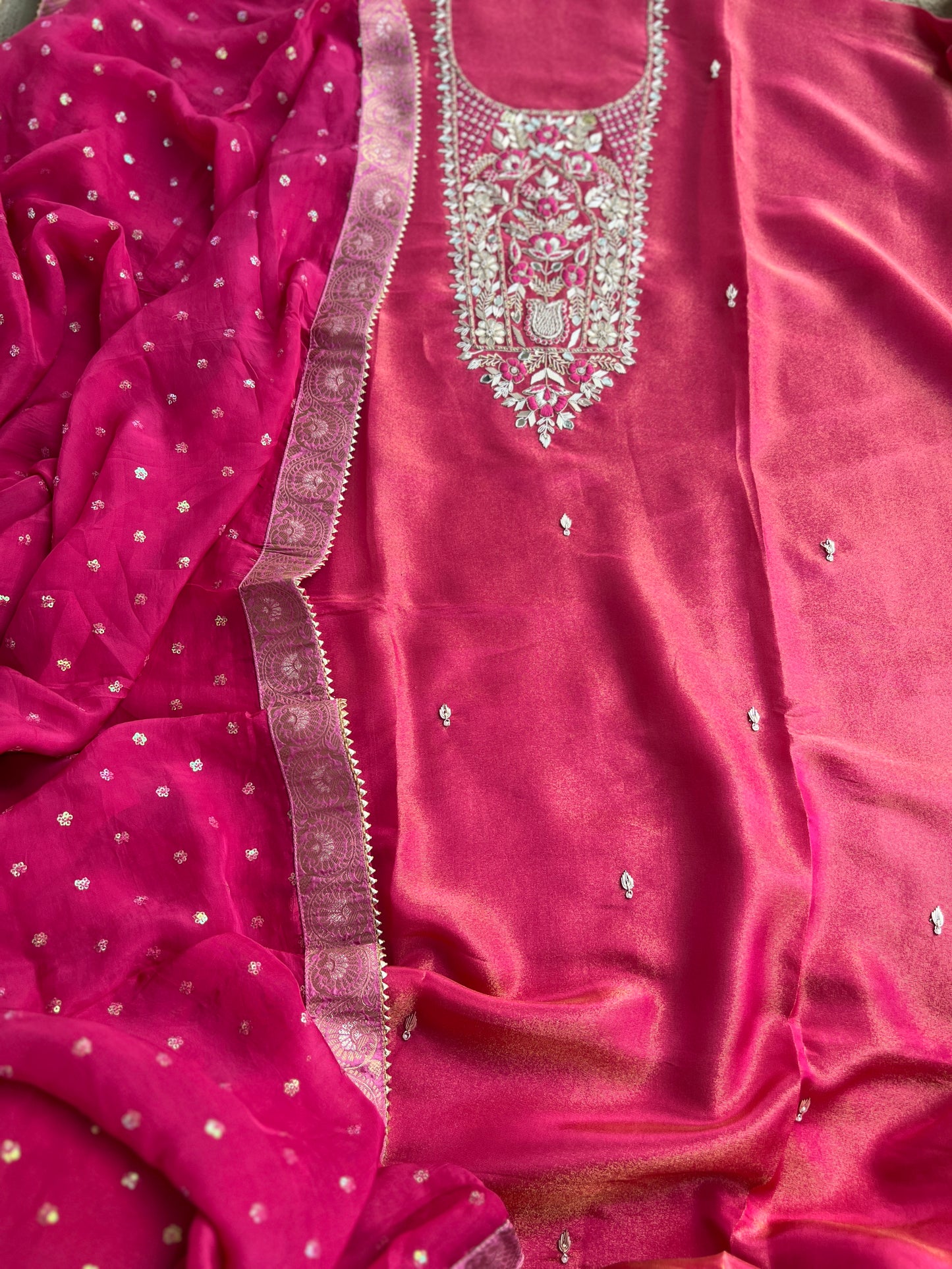 Royal Shimmer Silk Suit with Exquisite Zardozi & Gota Handwork
