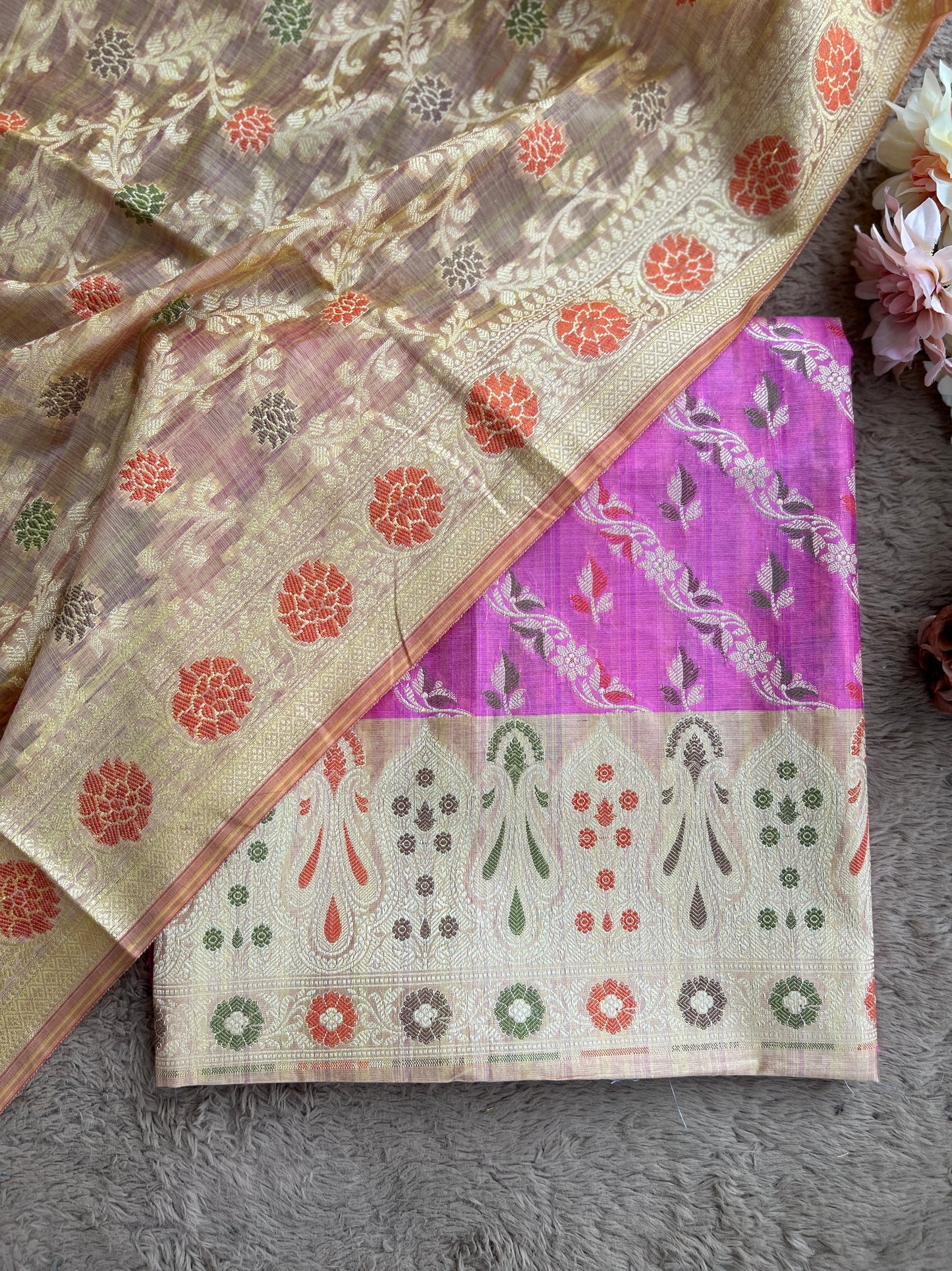 Handwoven Banarasi Elegance in Pink & Beige