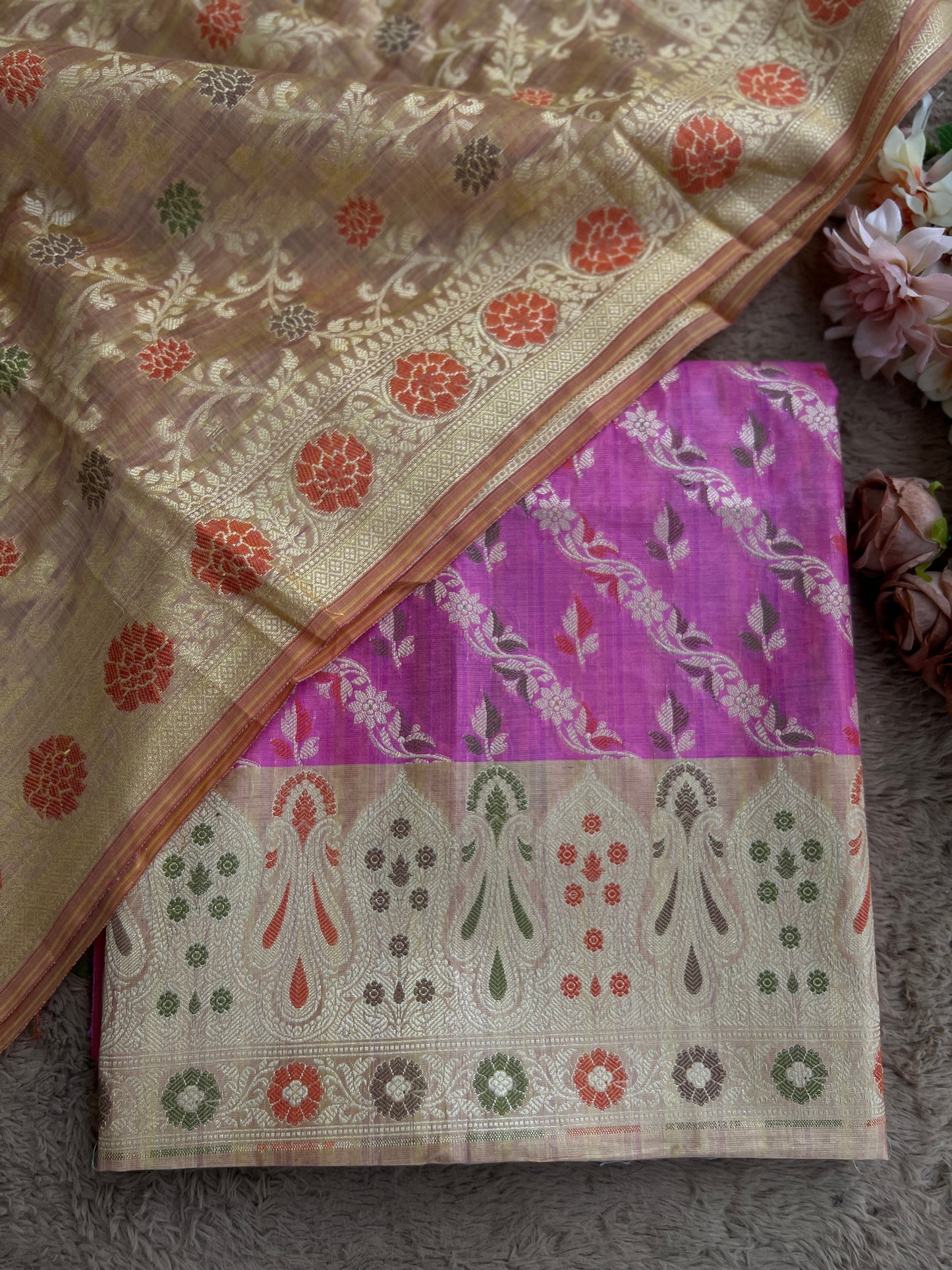 Handwoven Banarasi Elegance in Pink & Beige