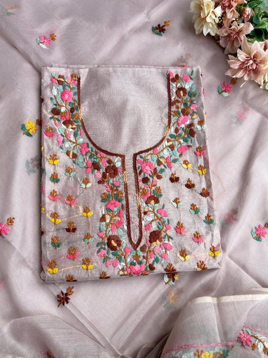 Misty Taupe Chanderi Silk Embroidered Suit