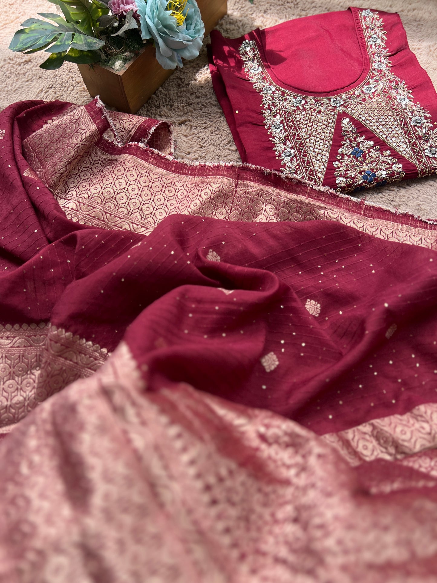 Luxurious Hand-Embroidered Russian Silk Kurta Set with Banarasi Dupatta