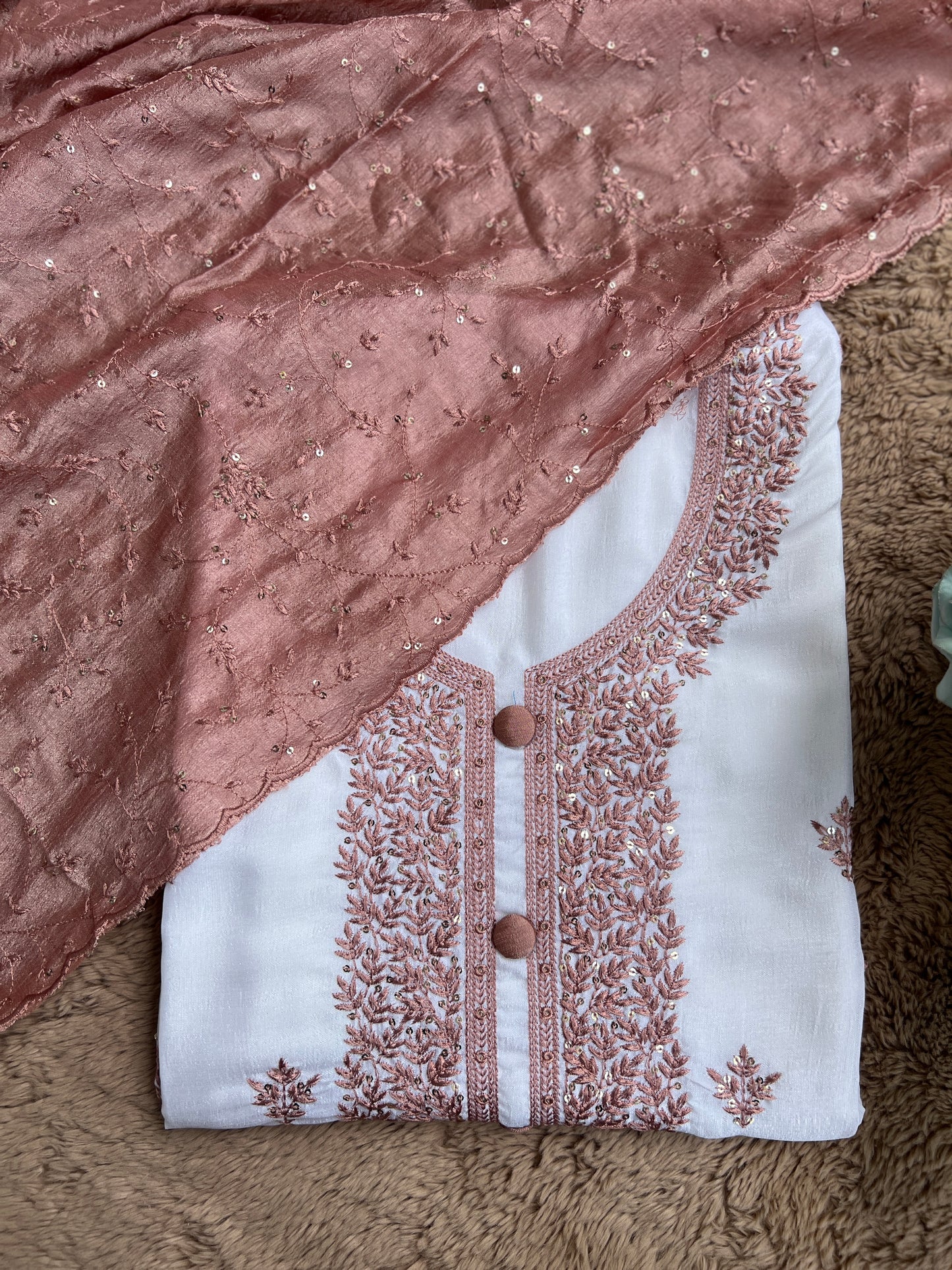 White Crushed Butter Silk Peach Embroidered Salwar suit