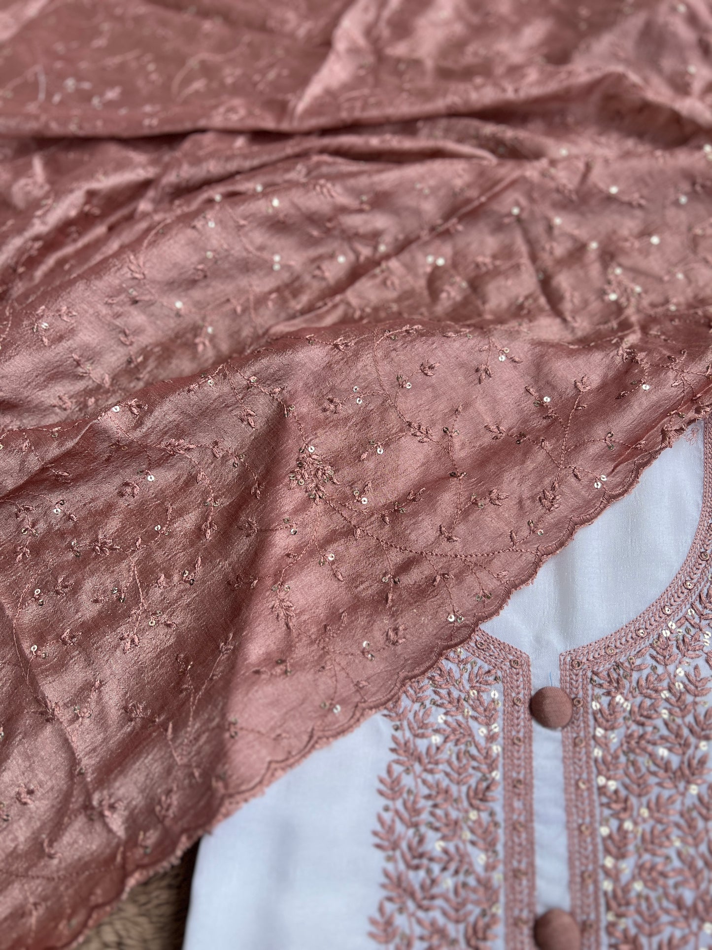 White Crushed Butter Silk Peach Embroidered Salwar suit