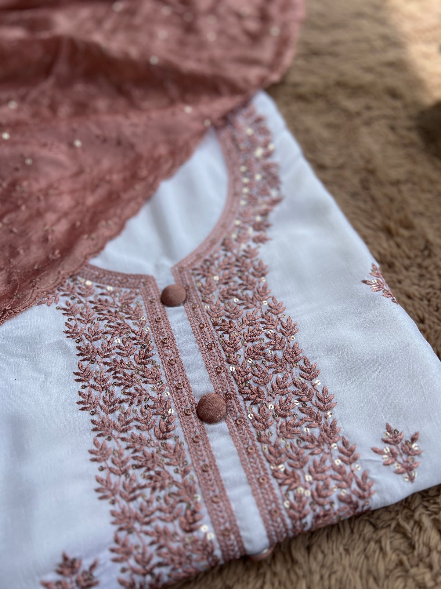 White Crushed Butter Silk Peach Embroidered Salwar suit