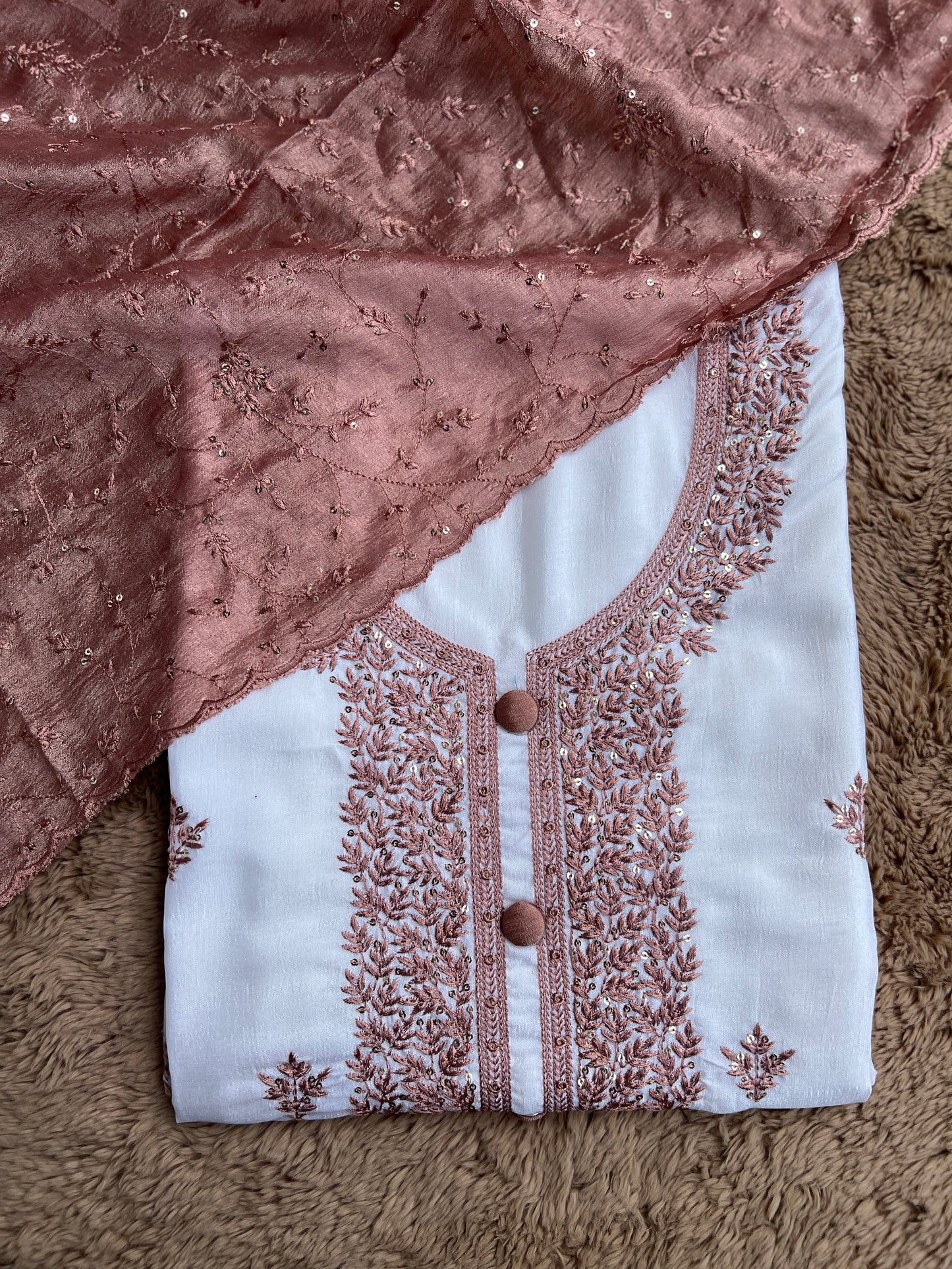 White Crushed Butter Silk Peach Embroidered Salwar suit