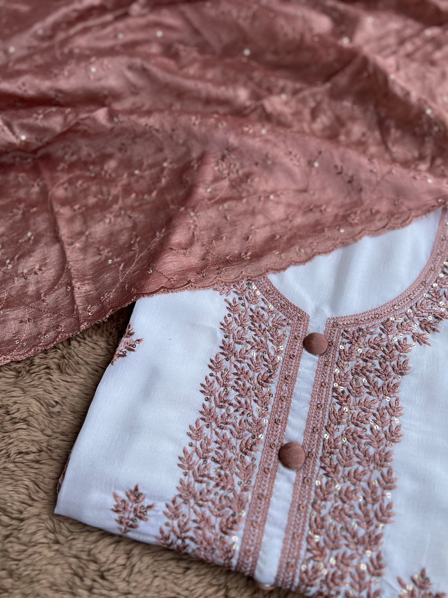 White Crushed Butter Silk Peach Embroidered Salwar suit