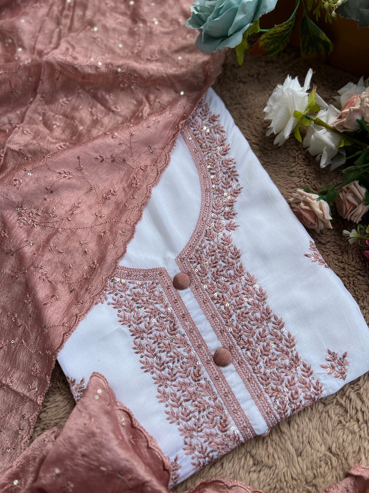 White Crushed Butter Silk Peach Embroidered Salwar suit