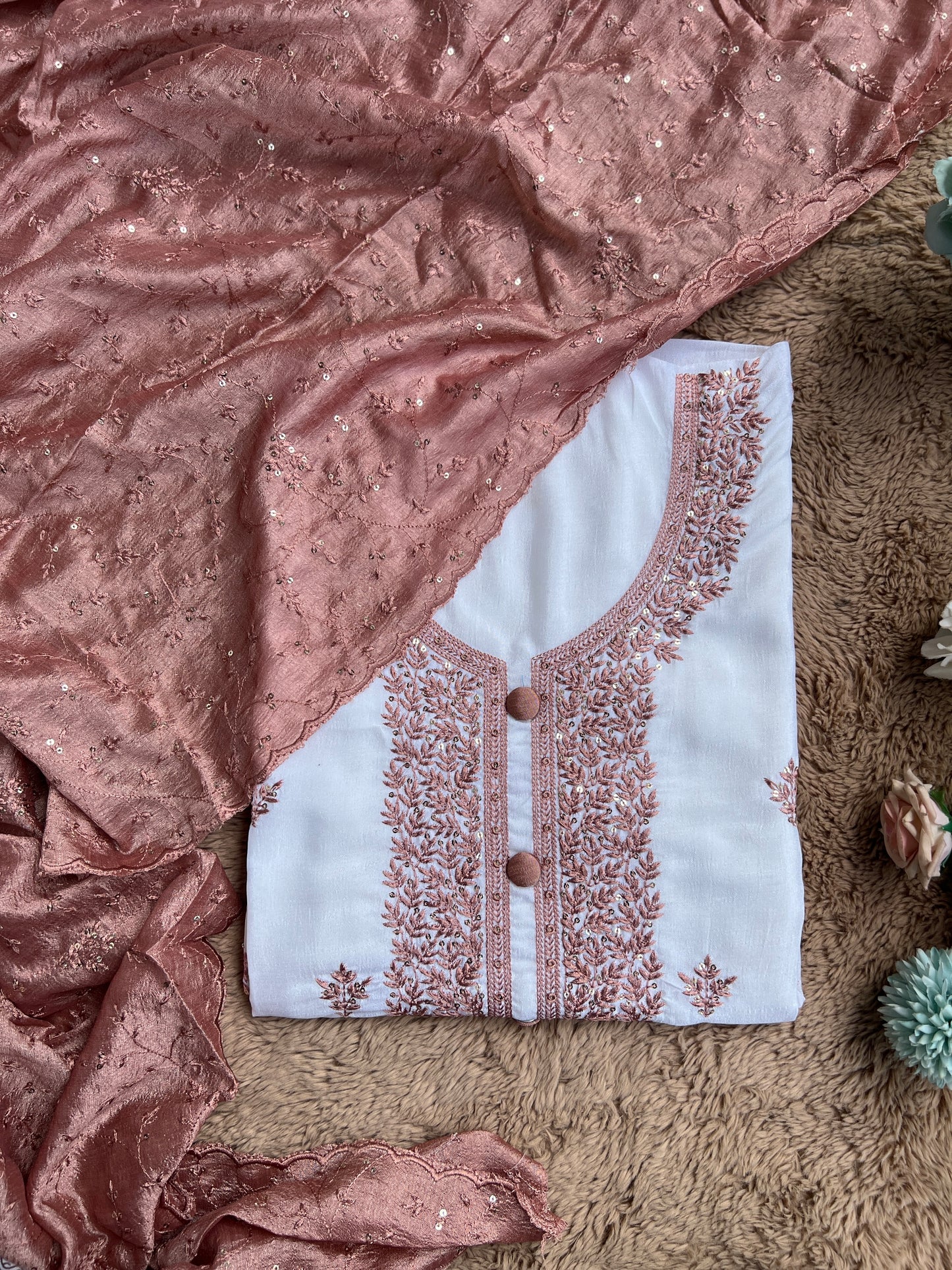 White Crushed Butter Silk Peach Embroidered Salwar suit