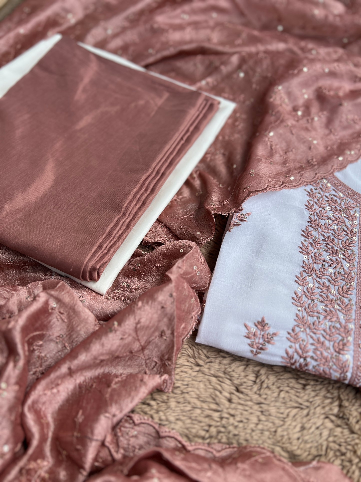 White Crushed Butter Silk Peach Embroidered Salwar suit