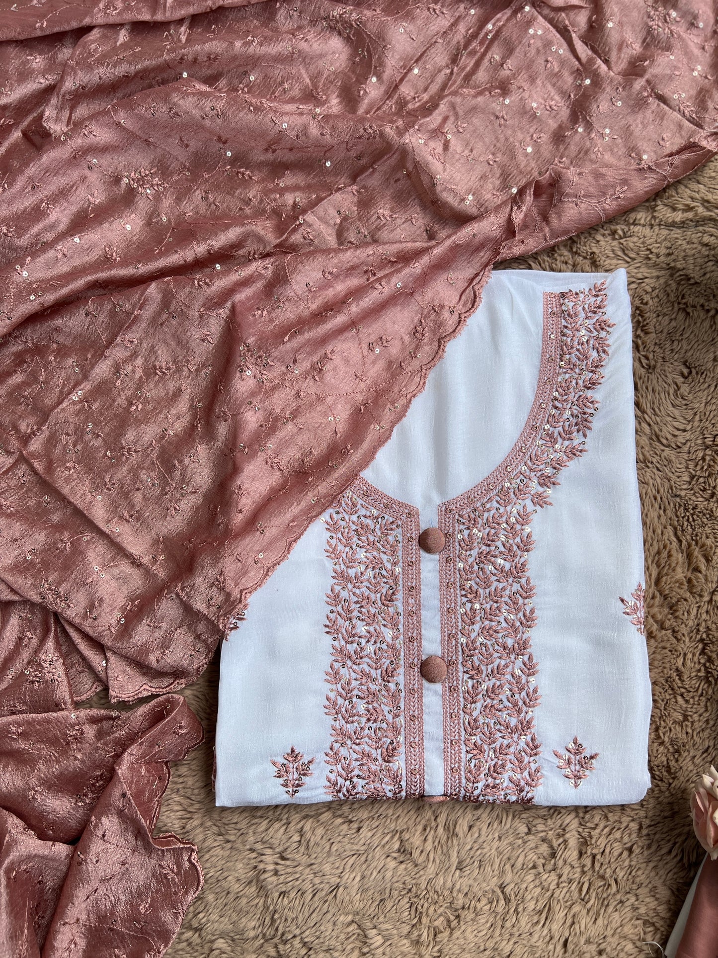 White Crushed Butter Silk Peach Embroidered Salwar suit