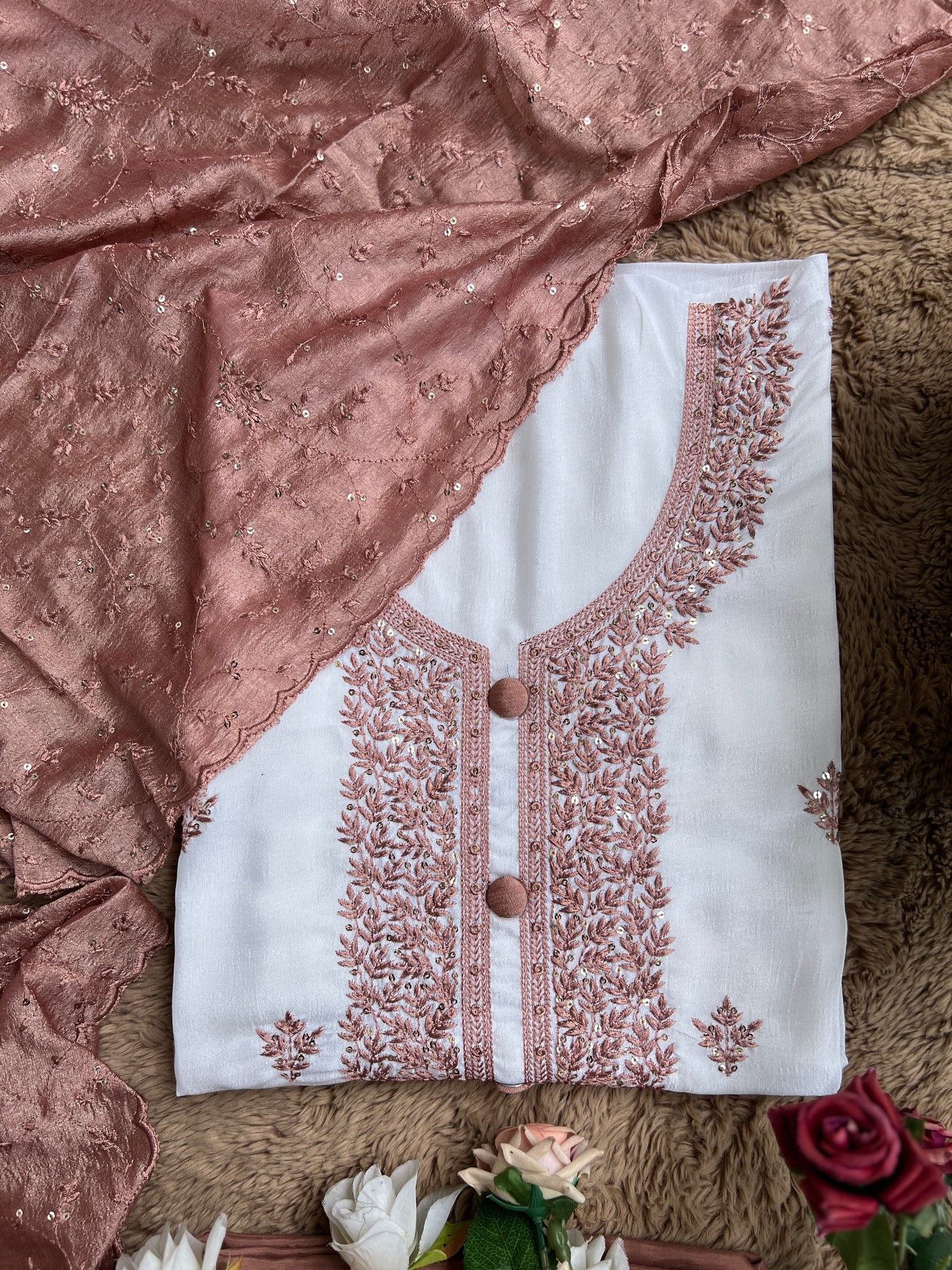 White Crushed Butter Silk Peach Embroidered Salwar suit