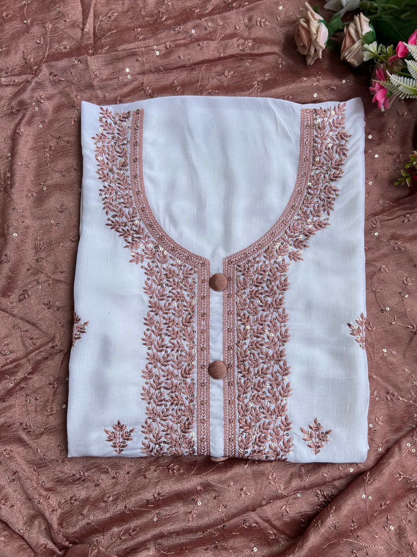 White Crushed Butter Silk Peach Embroidered Salwar suit