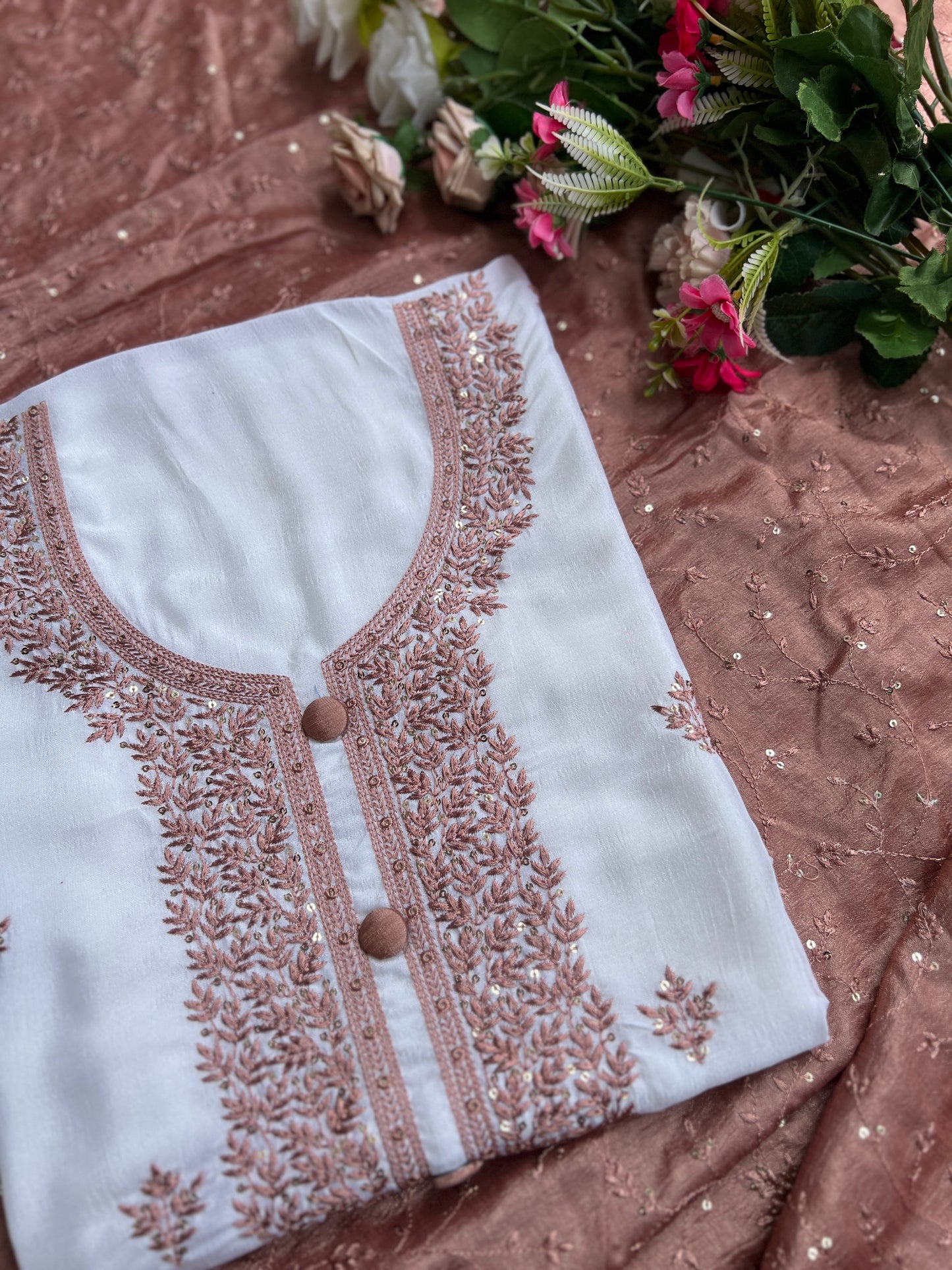 White Crushed Butter Silk Peach Embroidered Salwar suit