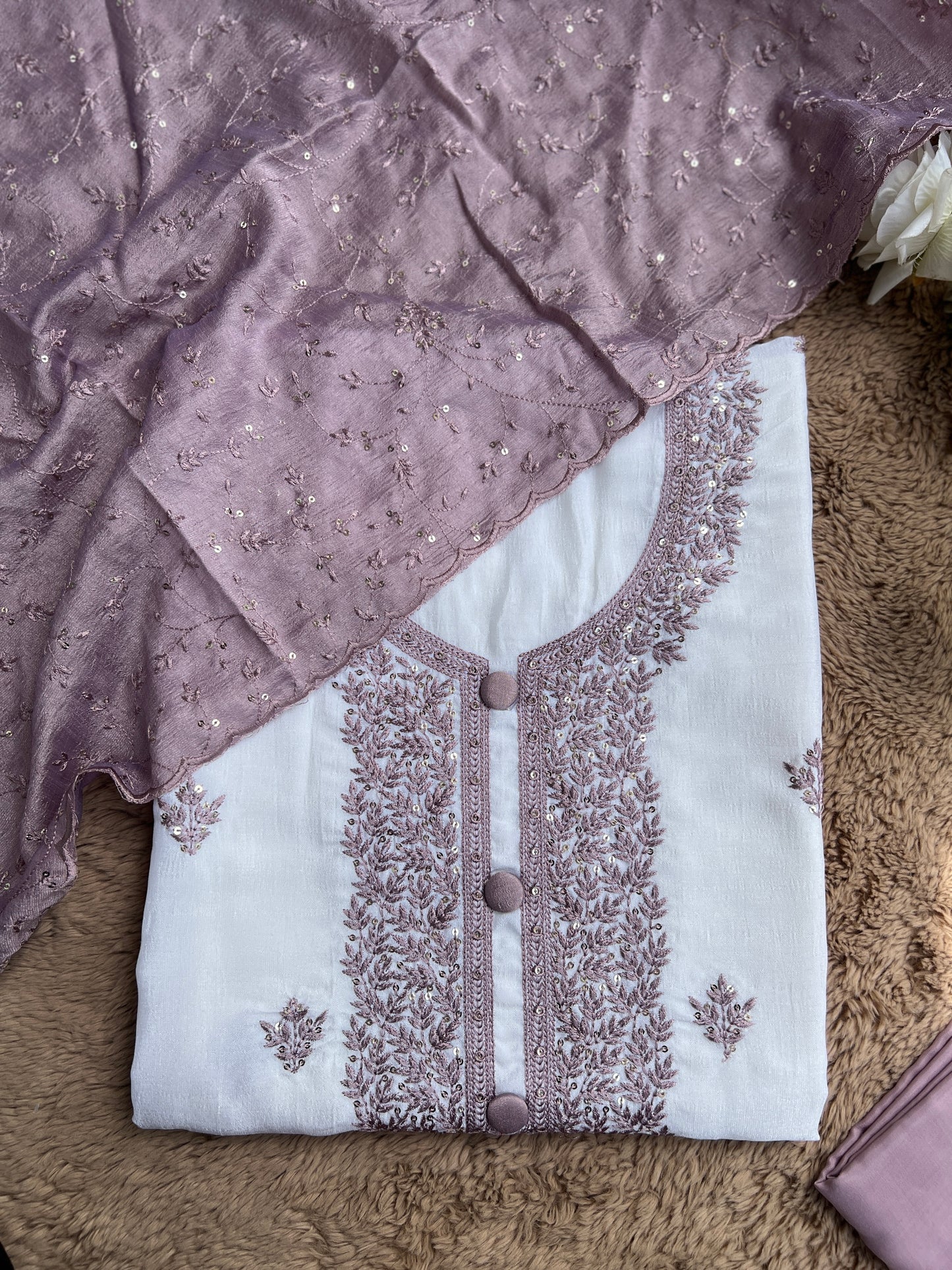 White Crushed Butter Silk Embroidered salwar suit