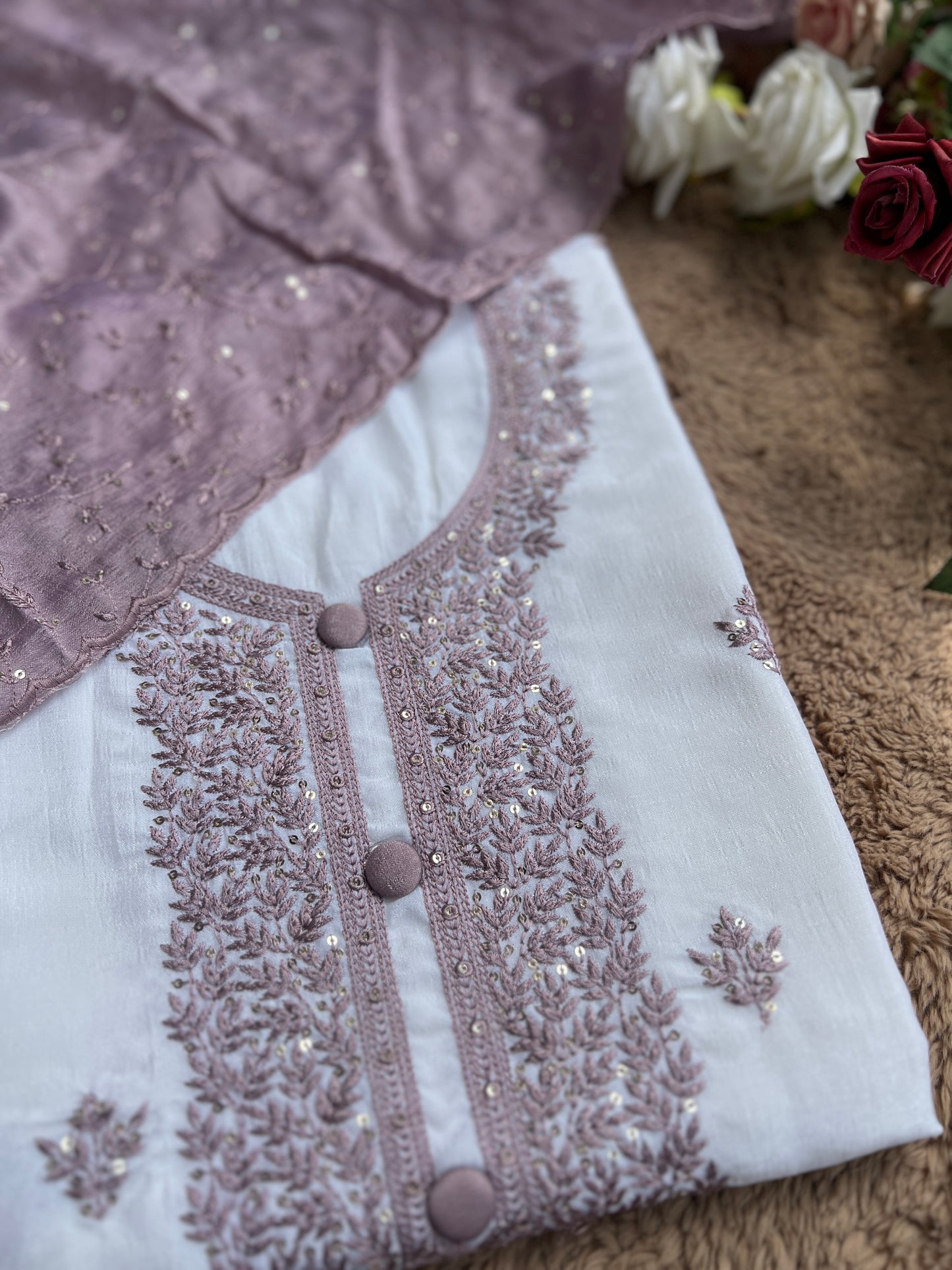 White Crushed Butter Silk Embroidered salwar suit