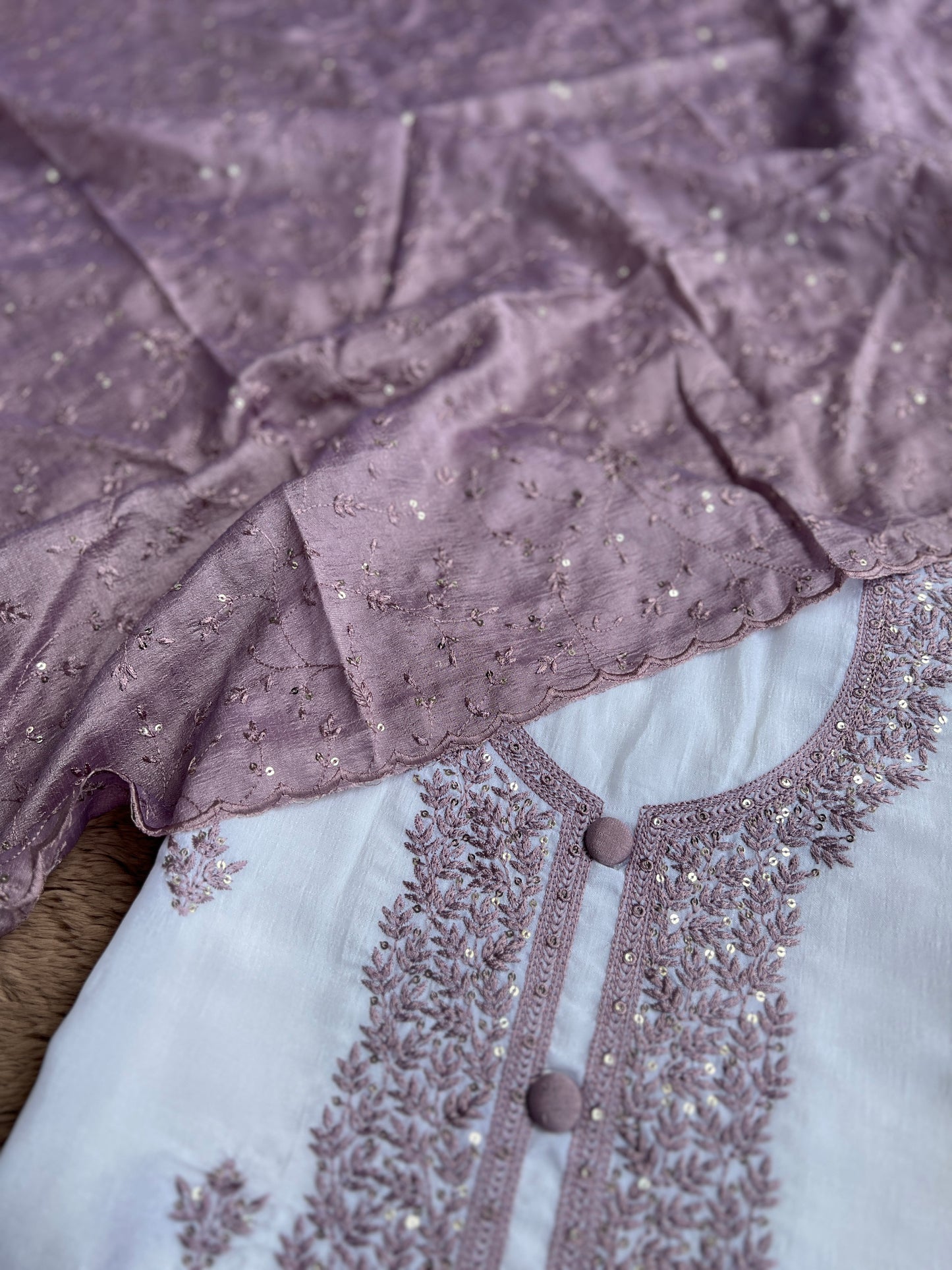White Crushed Butter Silk Embroidered salwar suit