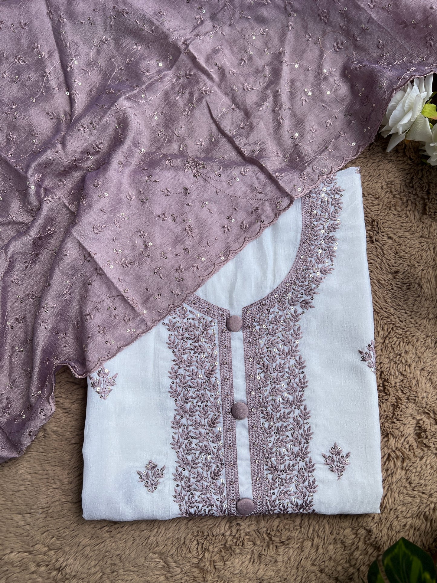 White Crushed Butter Silk Embroidered salwar suit