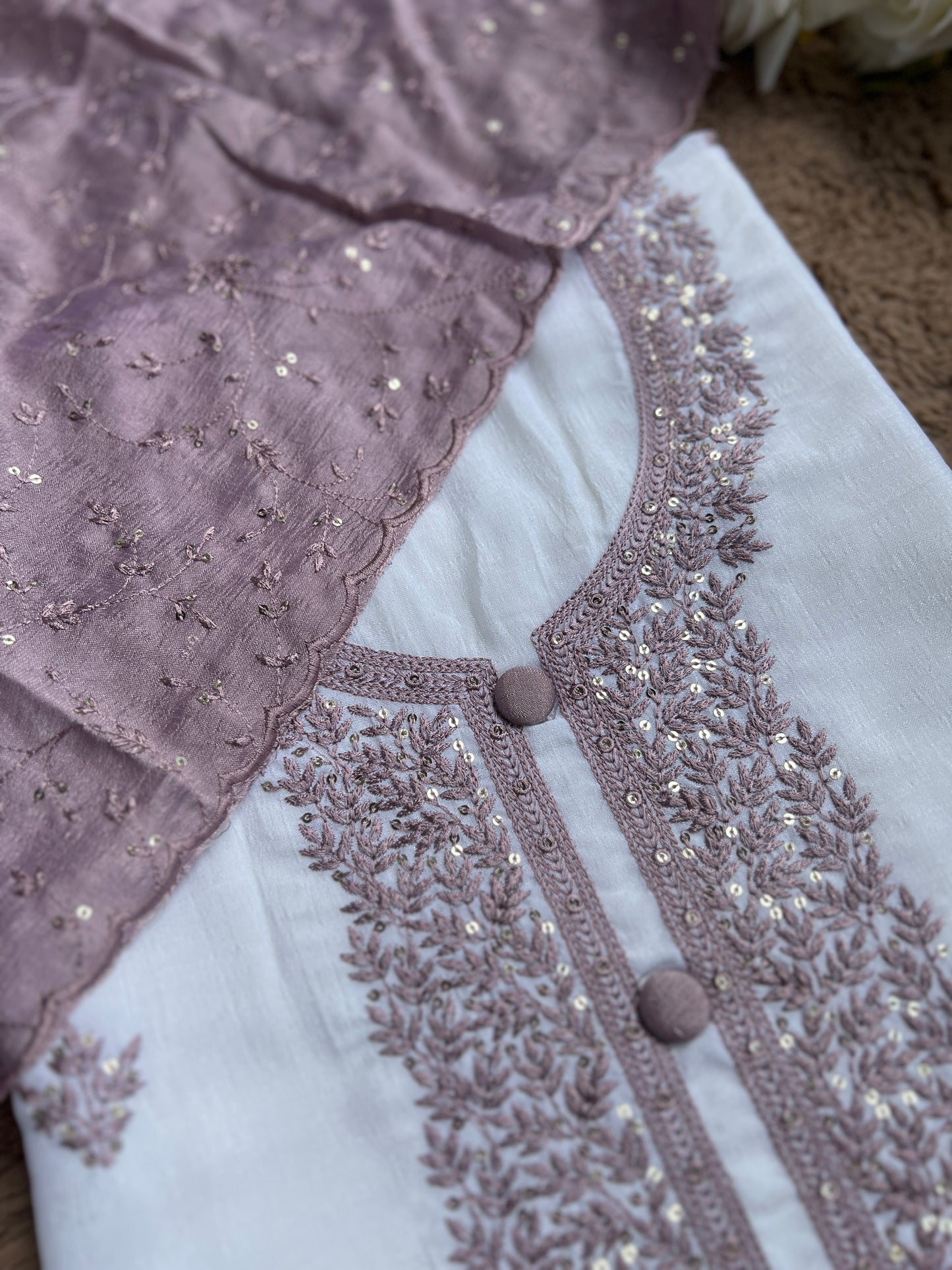 White Crushed Butter Silk Embroidered salwar suit