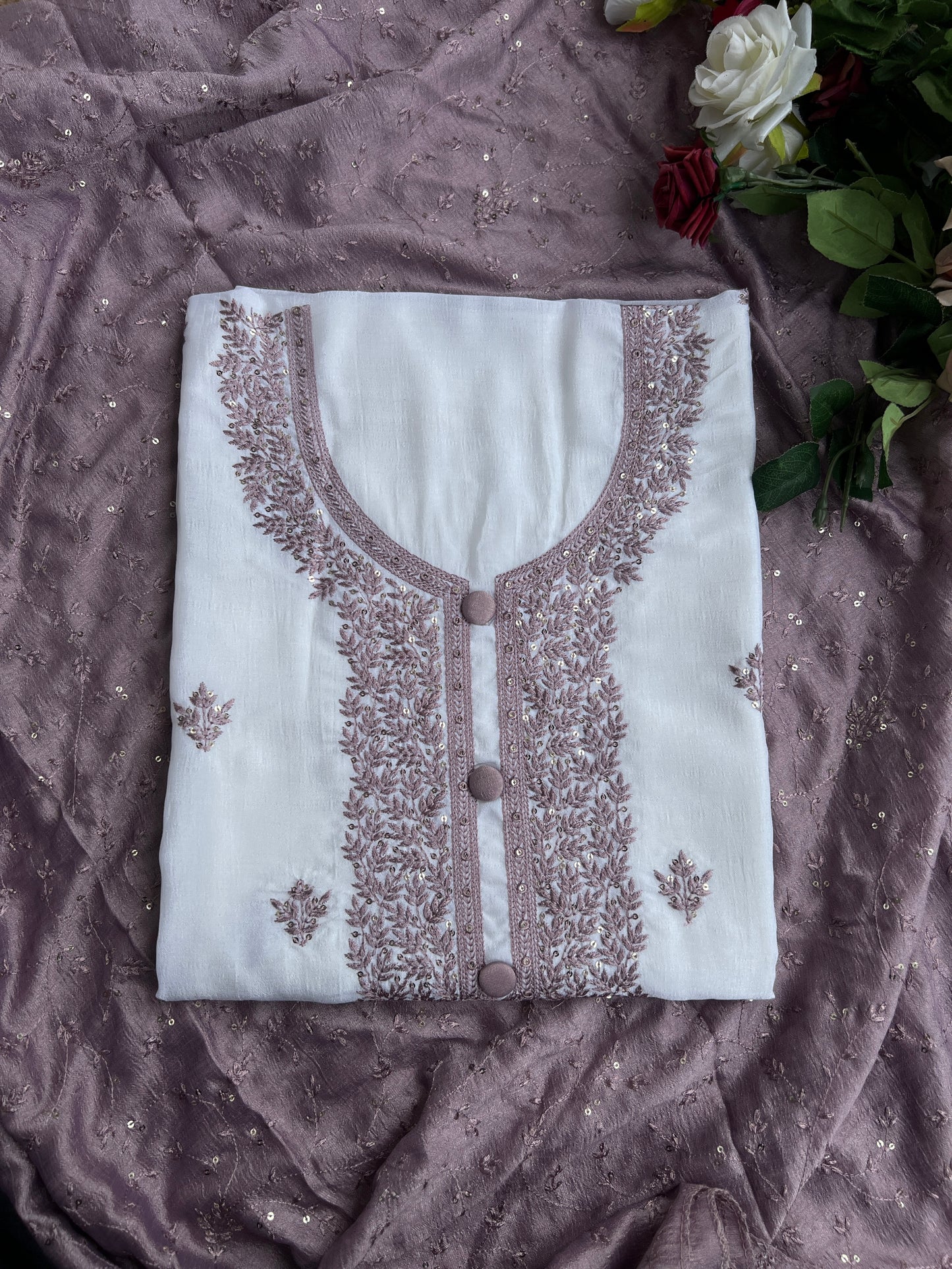 White Crushed Butter Silk Embroidered salwar suit