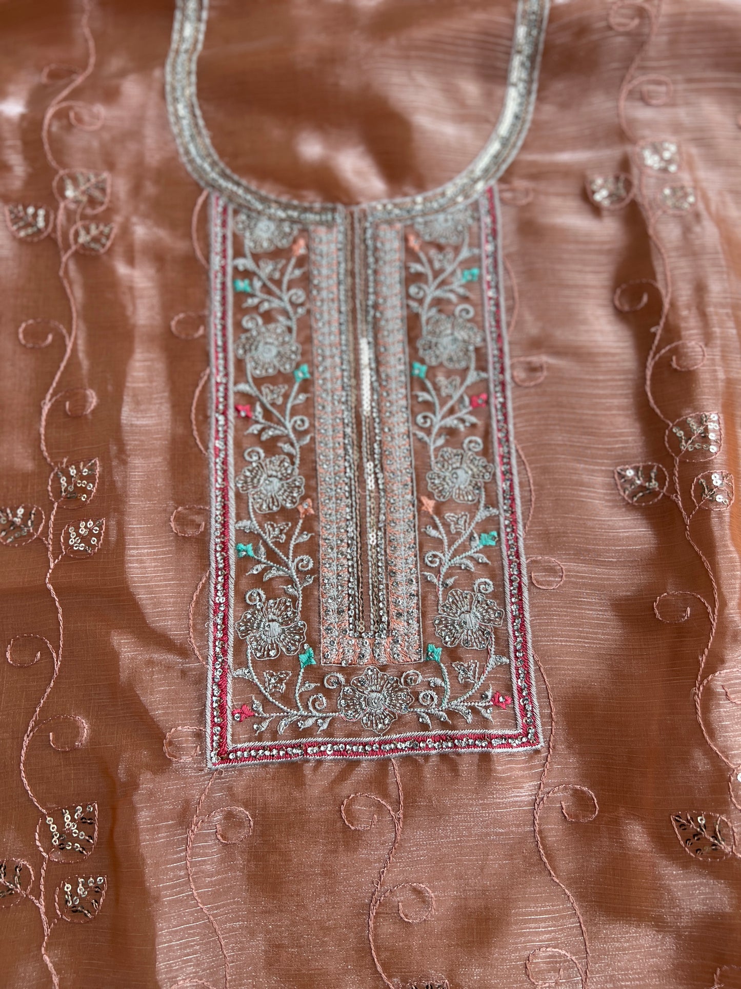 Peach Crushed Shimmer Tissue Suit with Floral Embroidery