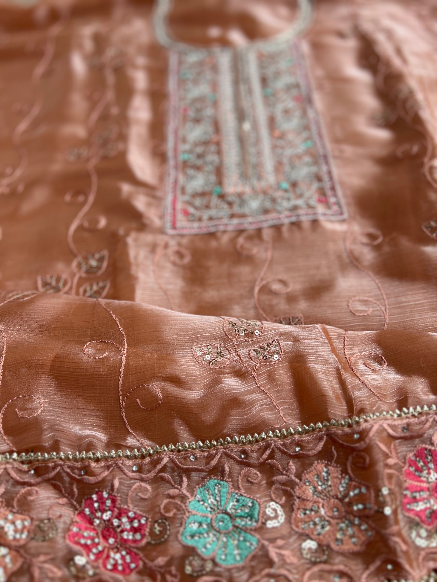 Peach Crushed Shimmer Tissue Suit with Floral Embroidery