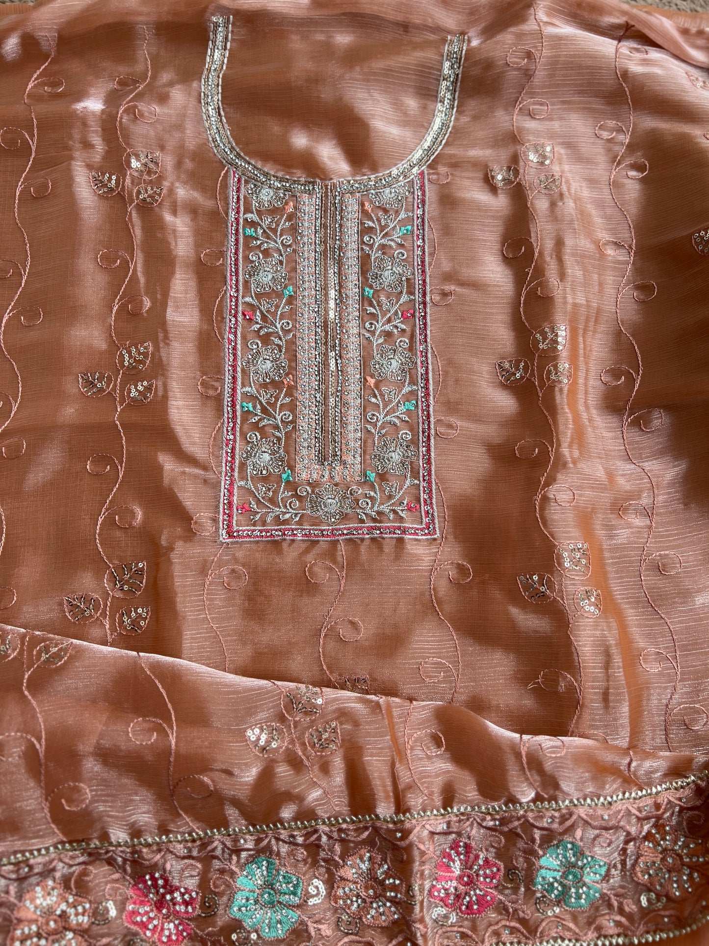Peach Crushed Shimmer Tissue Suit with Floral Embroidery
