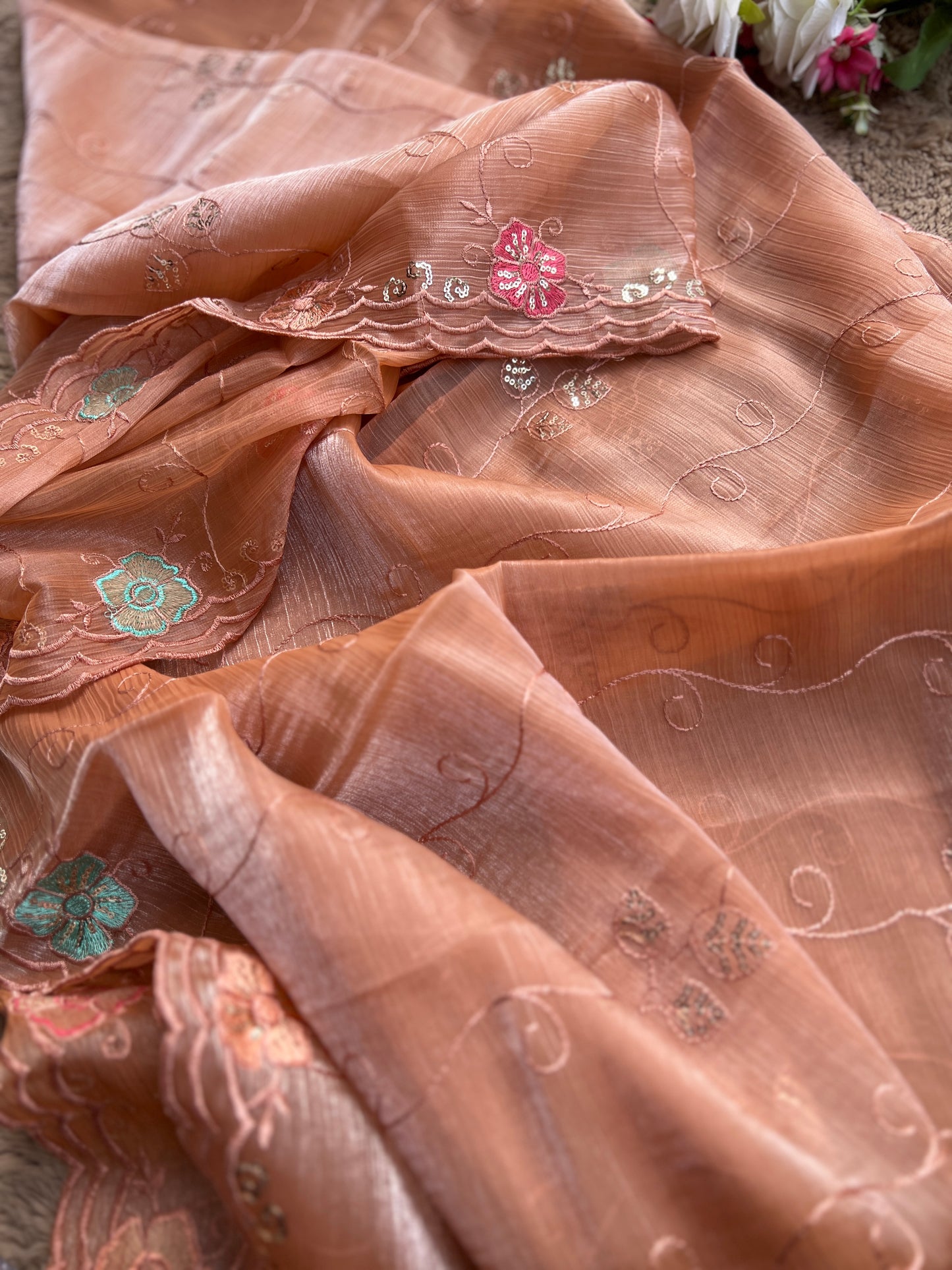 Peach Crushed Shimmer Tissue Suit with Floral Embroidery