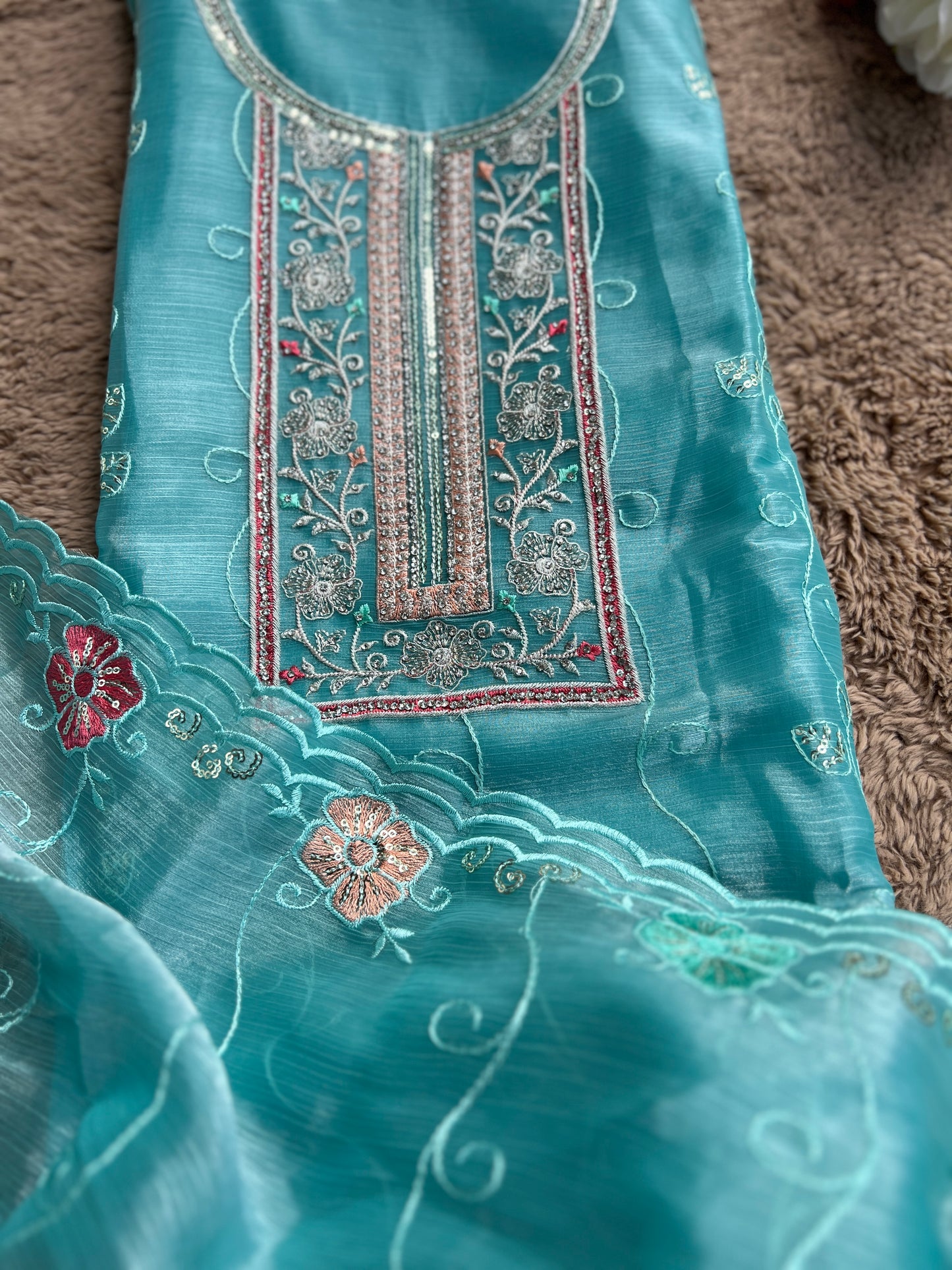 Aqua Blue Crushed Shimmer Tissue Suit with Floral Embroidery