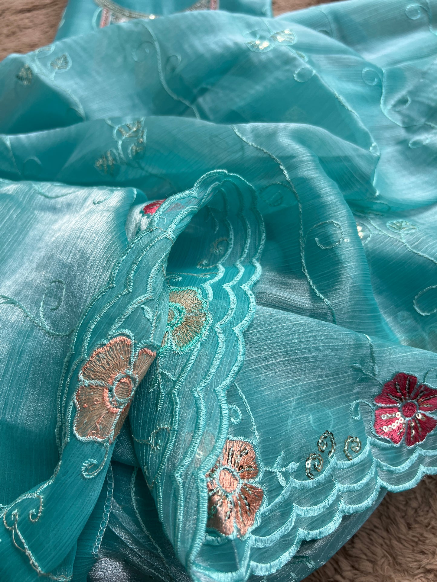 Aqua Blue Crushed Shimmer Tissue Suit with Floral Embroidery