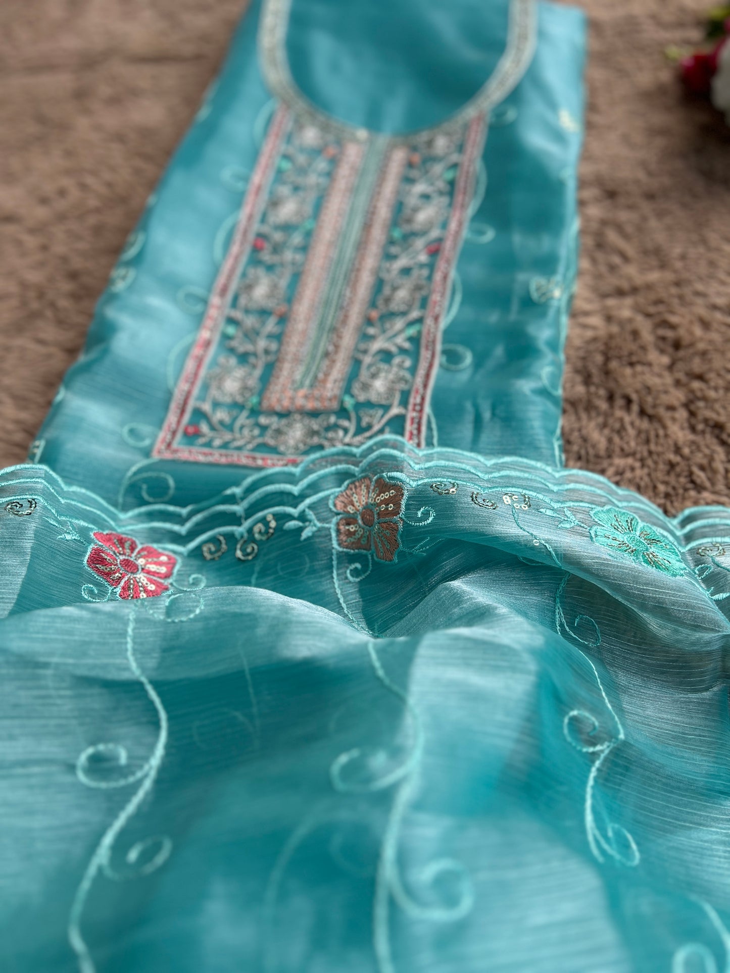Aqua Blue Crushed Shimmer Tissue Suit with Floral Embroidery