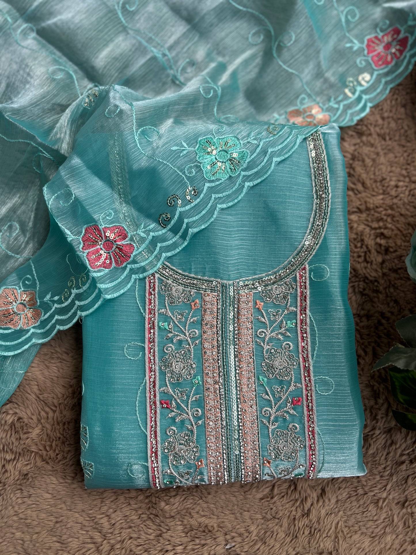 Aqua Blue Crushed Shimmer Tissue Suit with Floral Embroidery