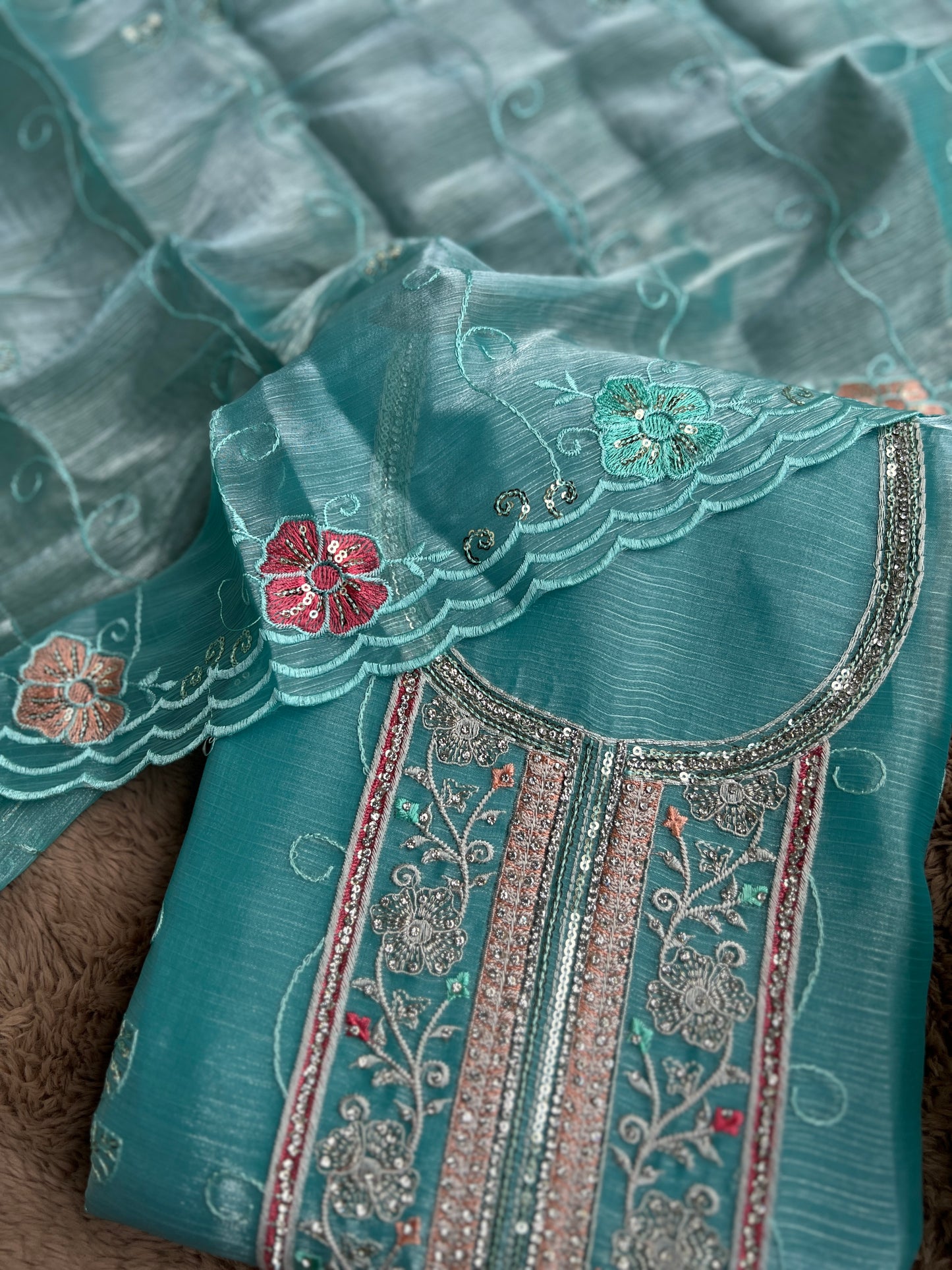 Aqua Blue Crushed Shimmer Tissue Suit with Floral Embroidery