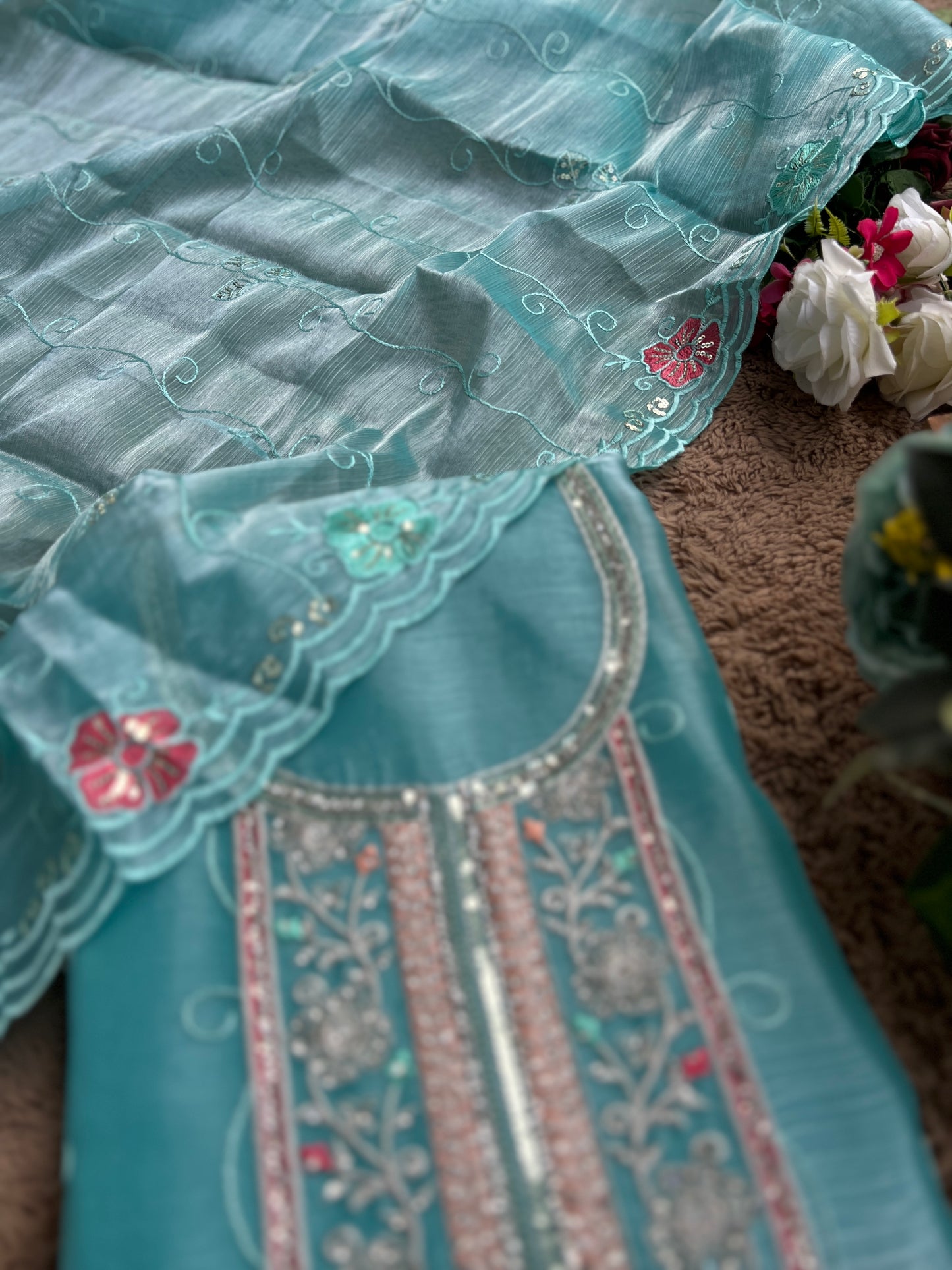 Aqua Blue Crushed Shimmer Tissue Suit with Floral Embroidery