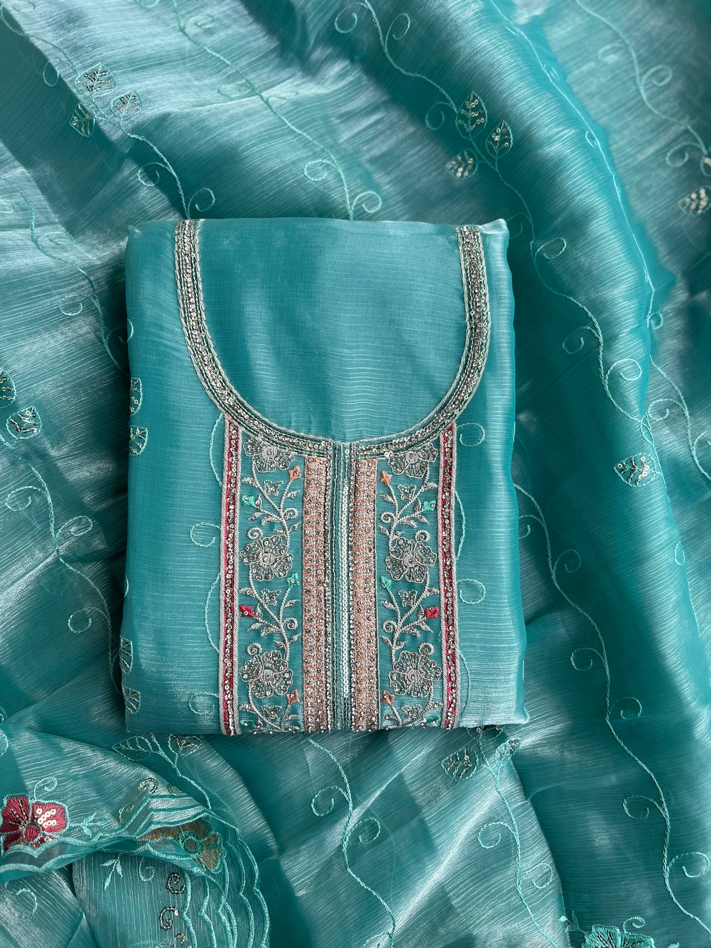 Aqua Blue Crushed Shimmer Tissue Suit with Floral Embroidery